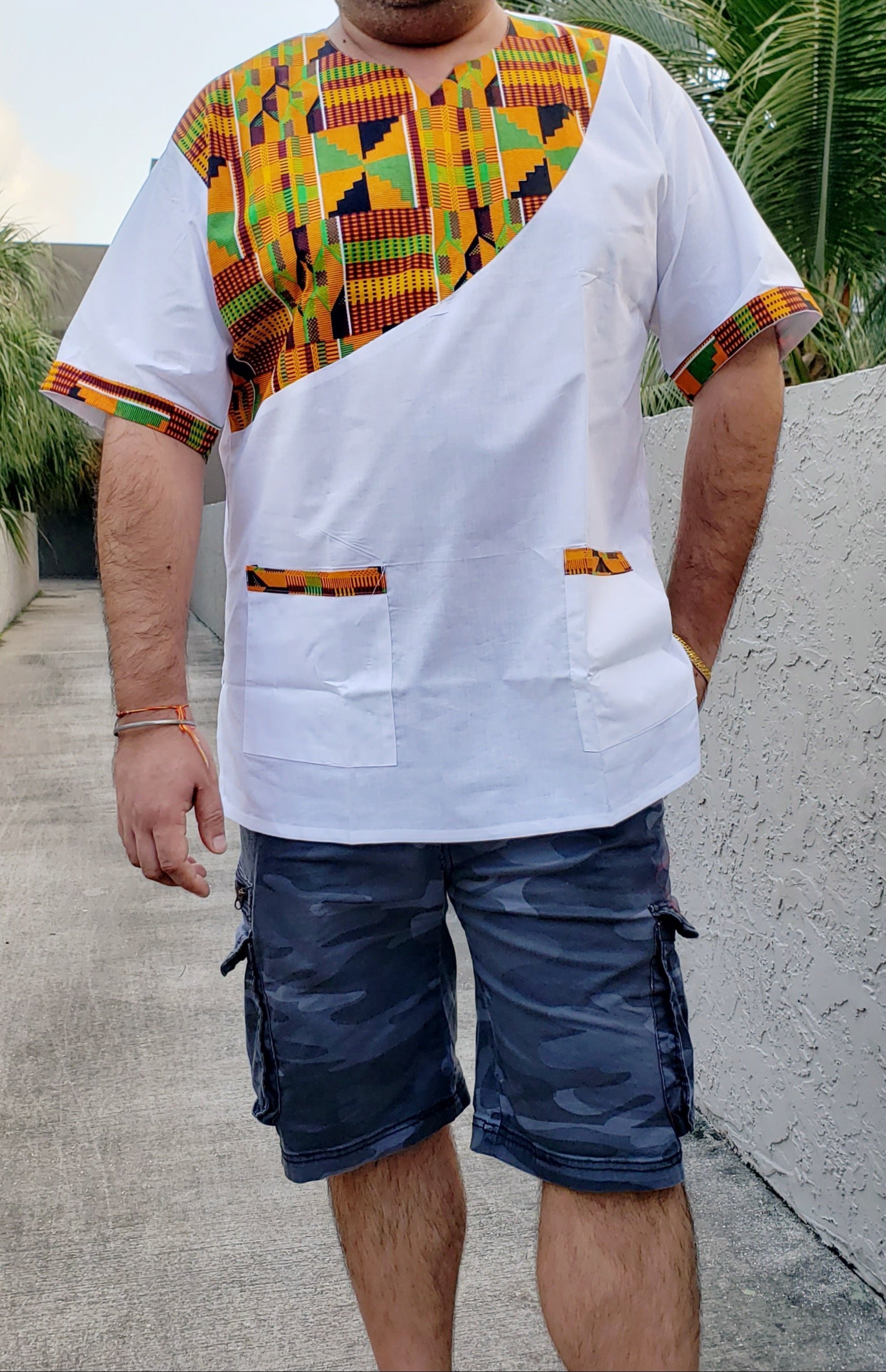 Men Tunic Shirt / Kente Accent- White M040