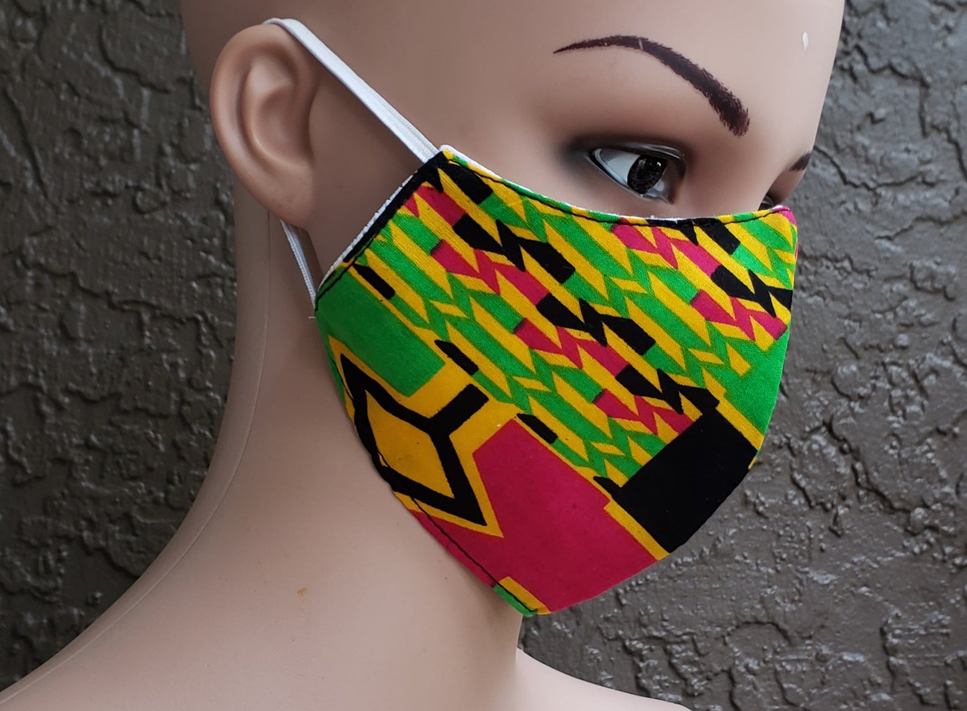 Cotton Printed Mask- Fuchsia/Green Kente