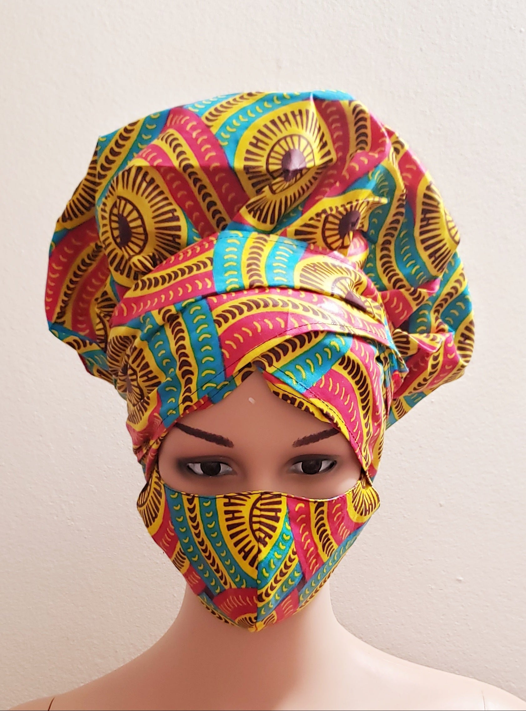 African Satin Lined Hair Bonnet/Headwrap /Head Band/Mask Set