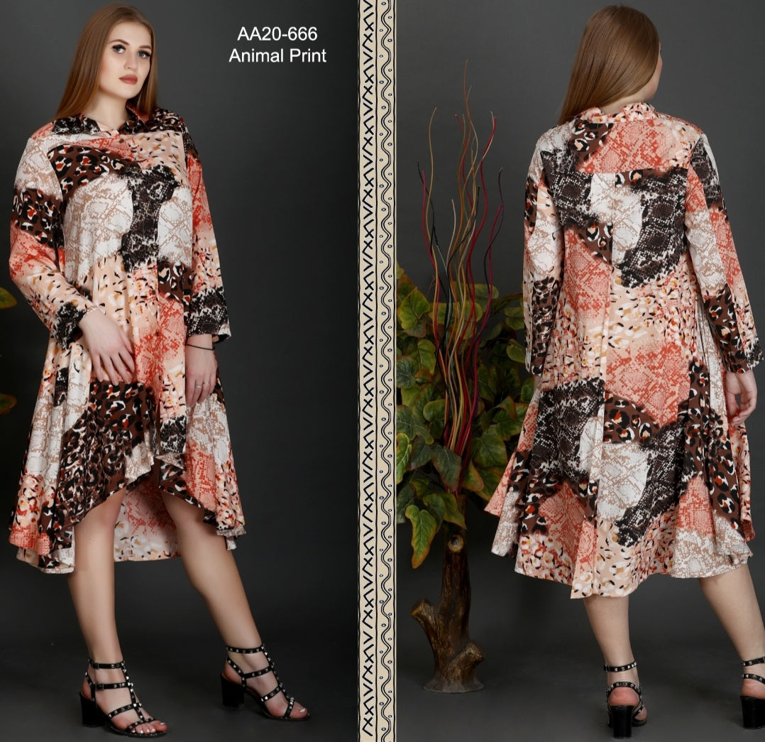 Swing Dress/Printed Hi/Lo Shirt Dress - Animal Print-20666