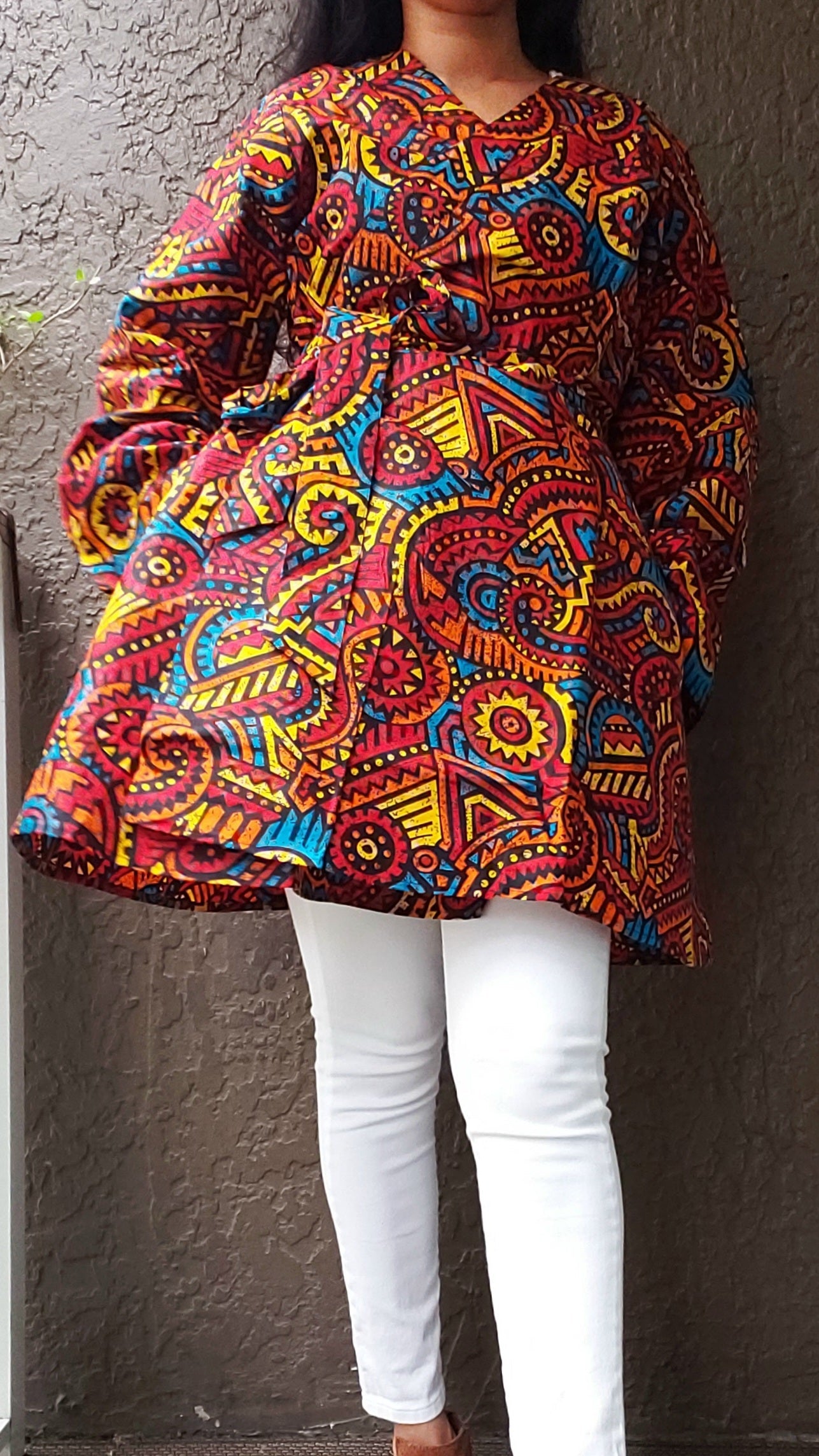 Women  Printed Wrap Blouse/Long Bell Sleeves- Multi Color