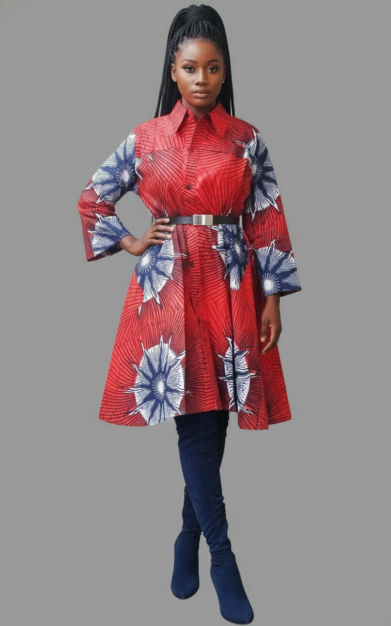 Swing Dress/ Button Down Shirt Dress/Printed/ Red/Blue-16666