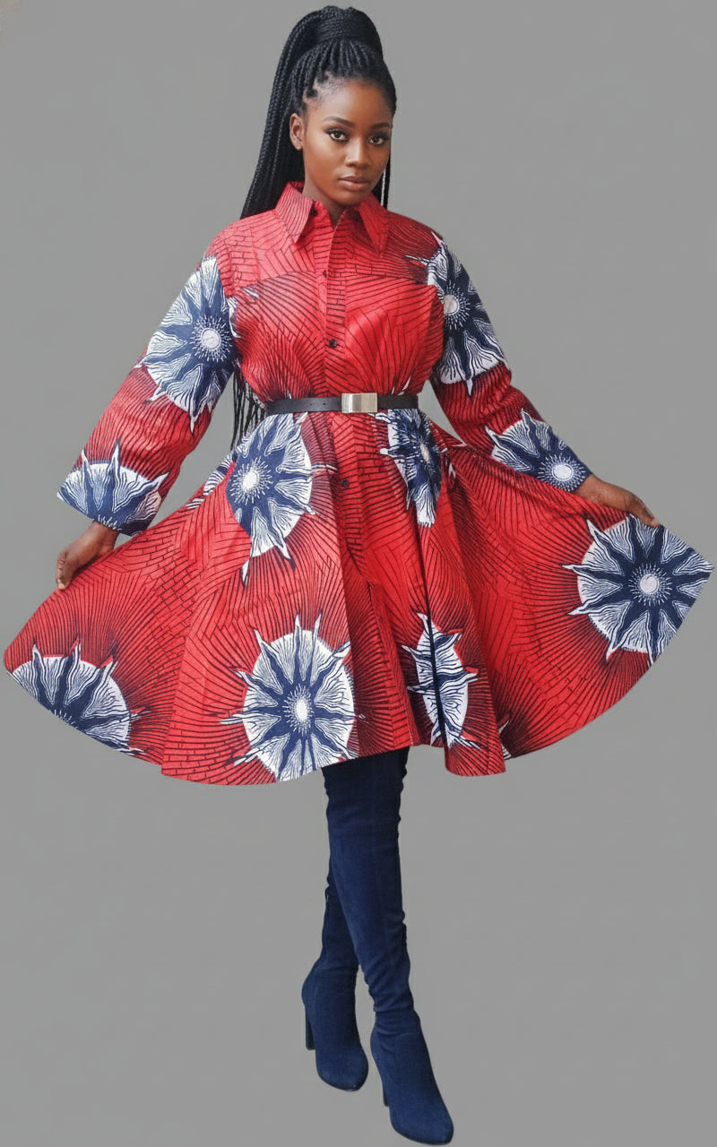 Swing Dress/ Button Down Shirt Dress/Printed/ Red/Blue-16666