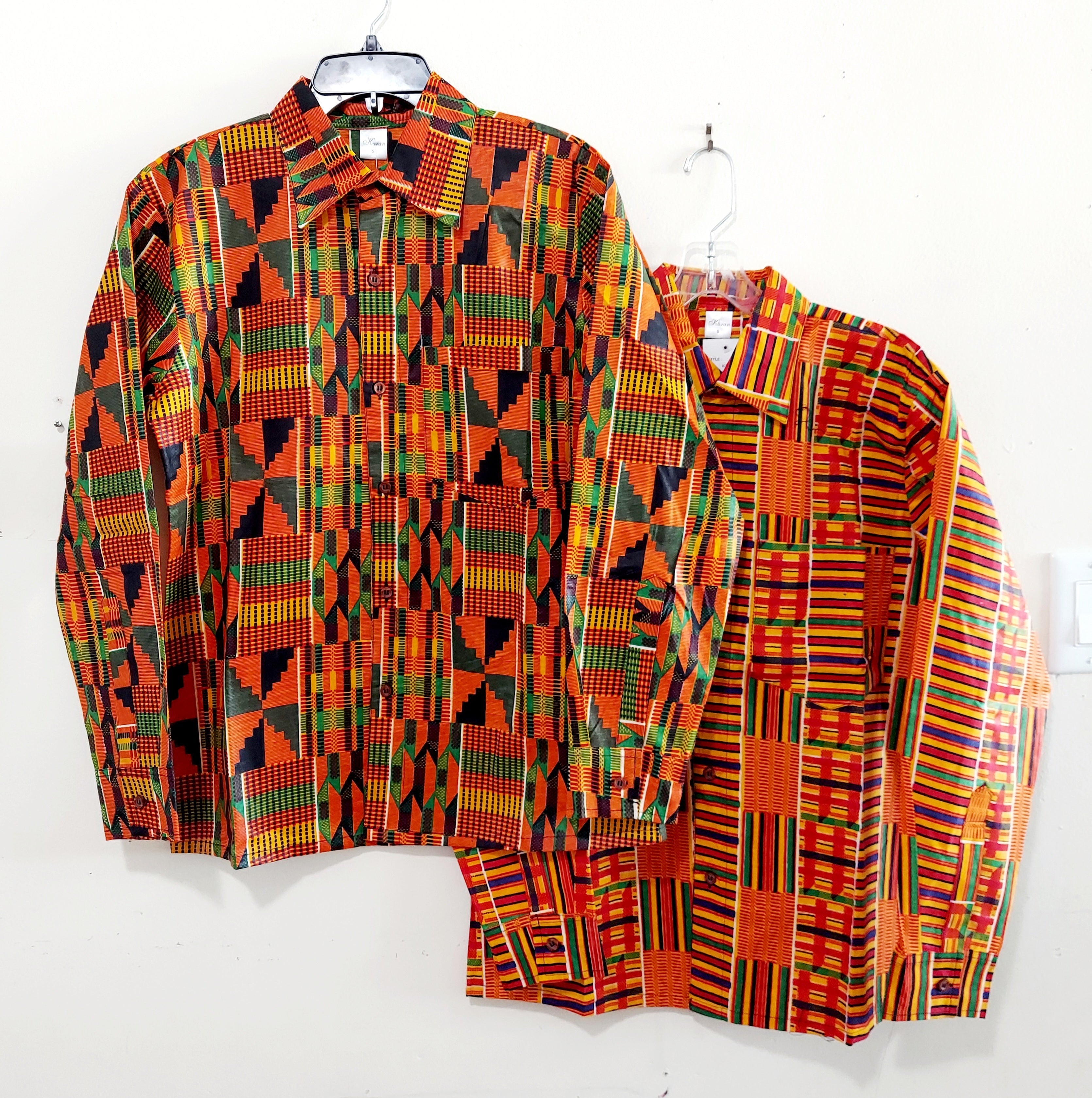 Men African Print Button Down Shirt/ Long Sleeve- Orange Kente- KSH65