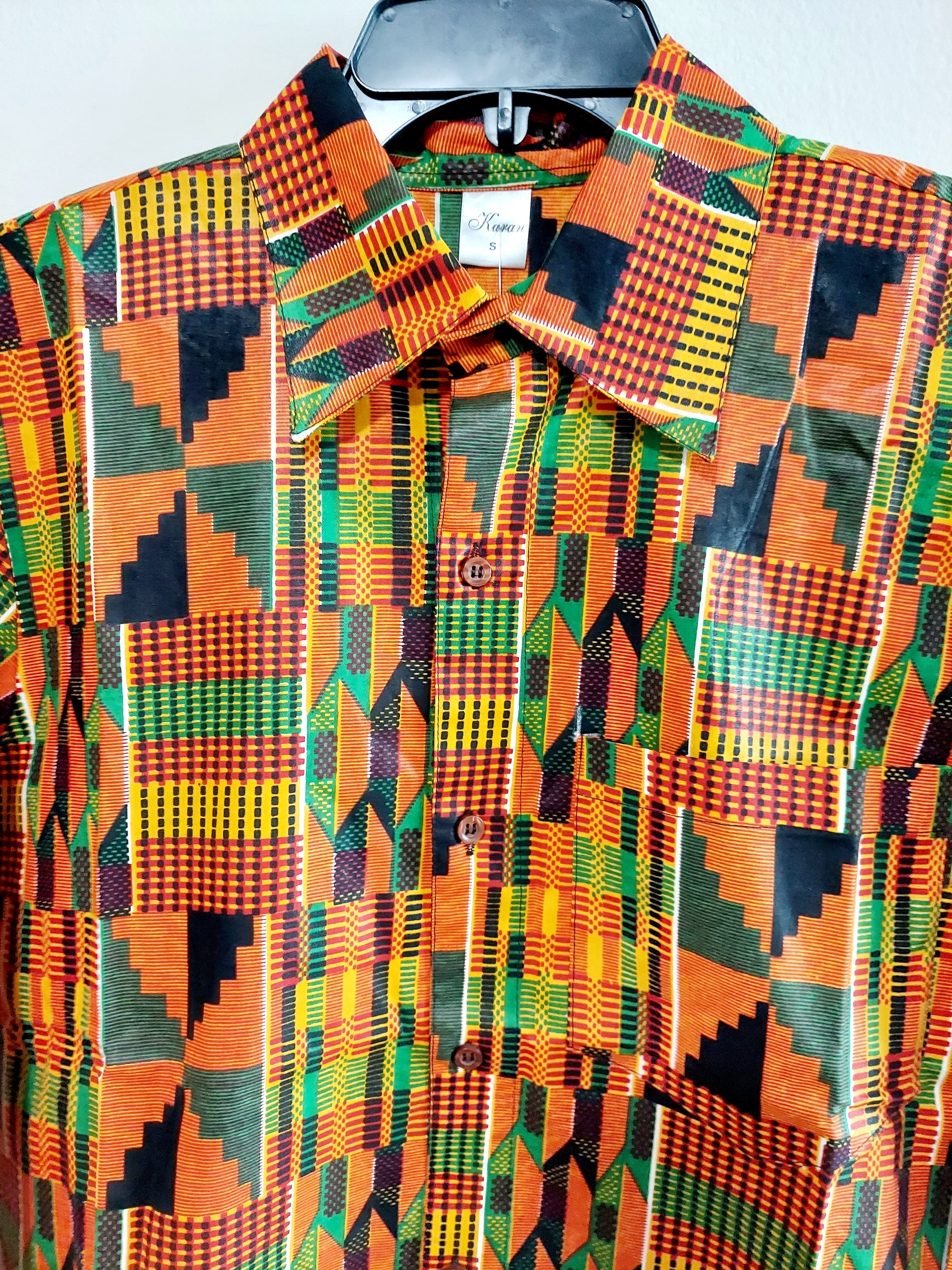 Men African Print Button Down Shirt/ Long Sleeve- Orange Kente- KSH65