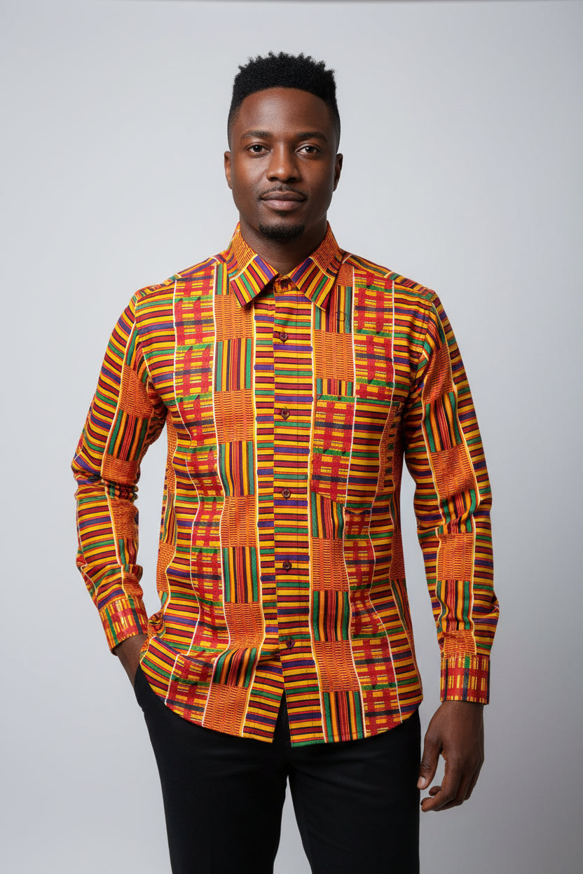 Men African Print Button Down Shirt/ Long Sleeve- Yellow Kente