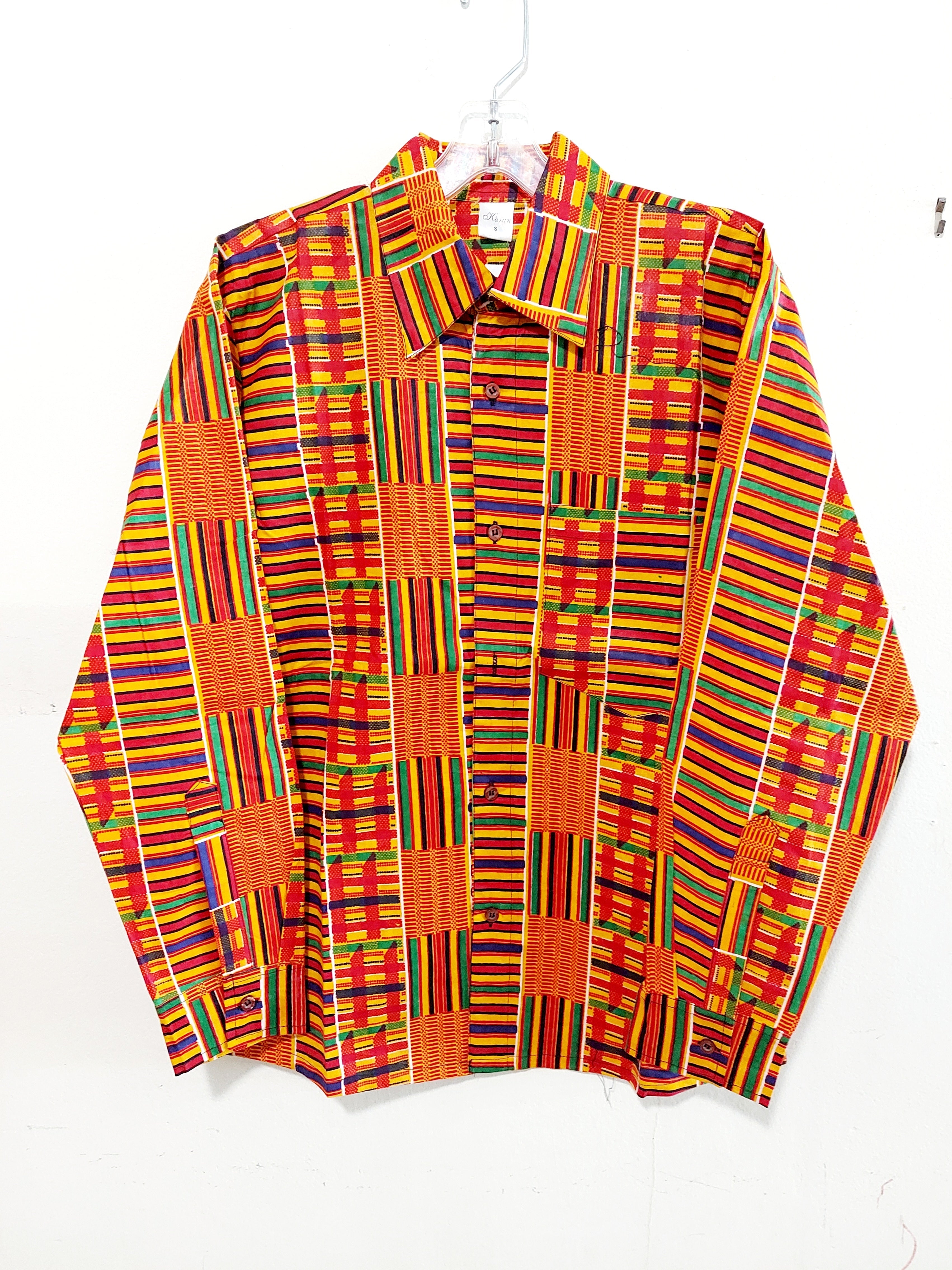 Men African Print Button Down Shirt/ Long Sleeve- Yellow Kente