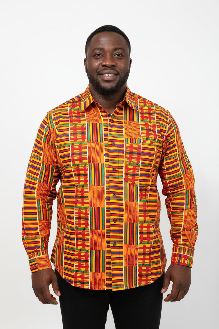 Men African Print Button Down Shirt/ Long Sleeve- Yellow Kente