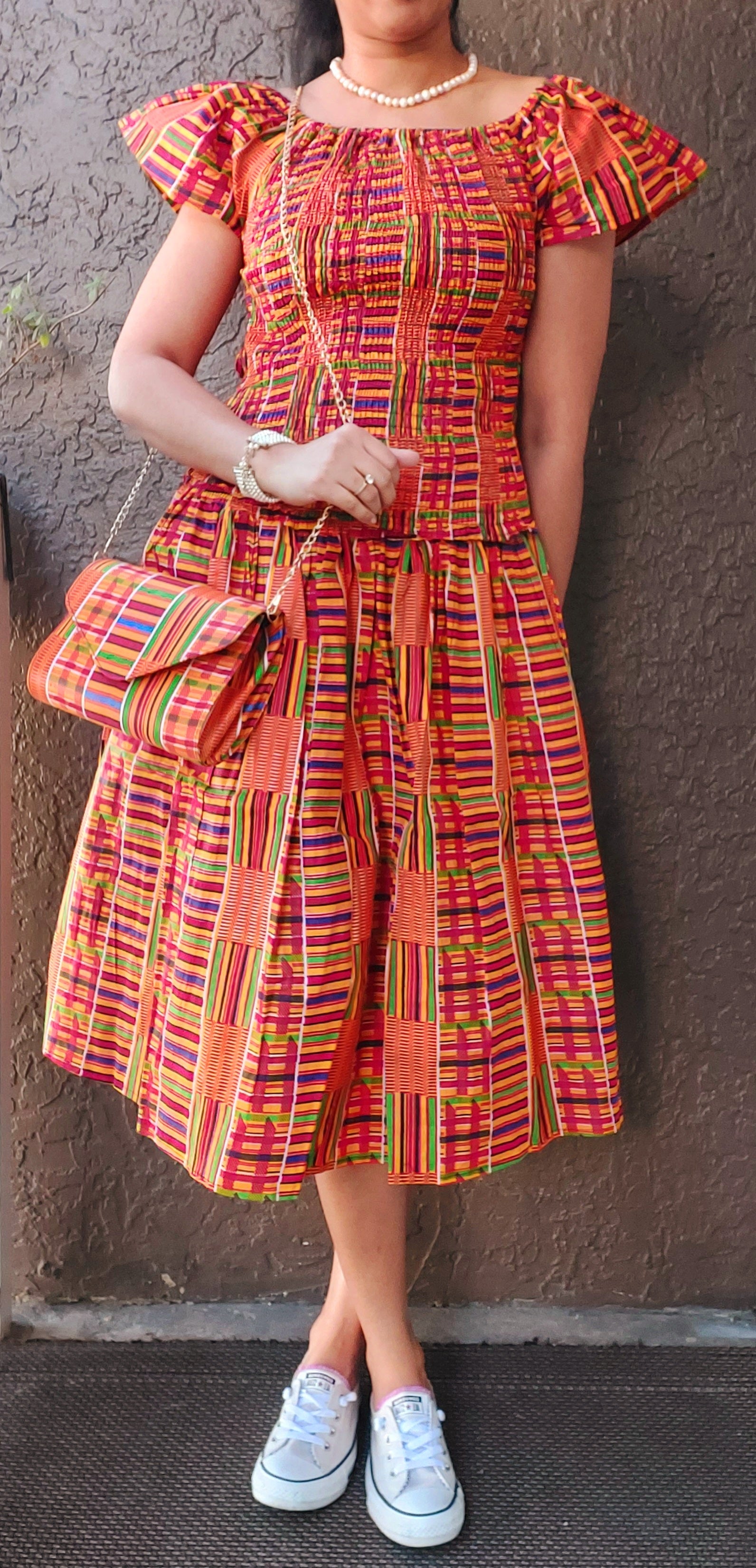 African Print Mid Length Skirt |Blouse|Scarf|Mask Set- Yellow kente