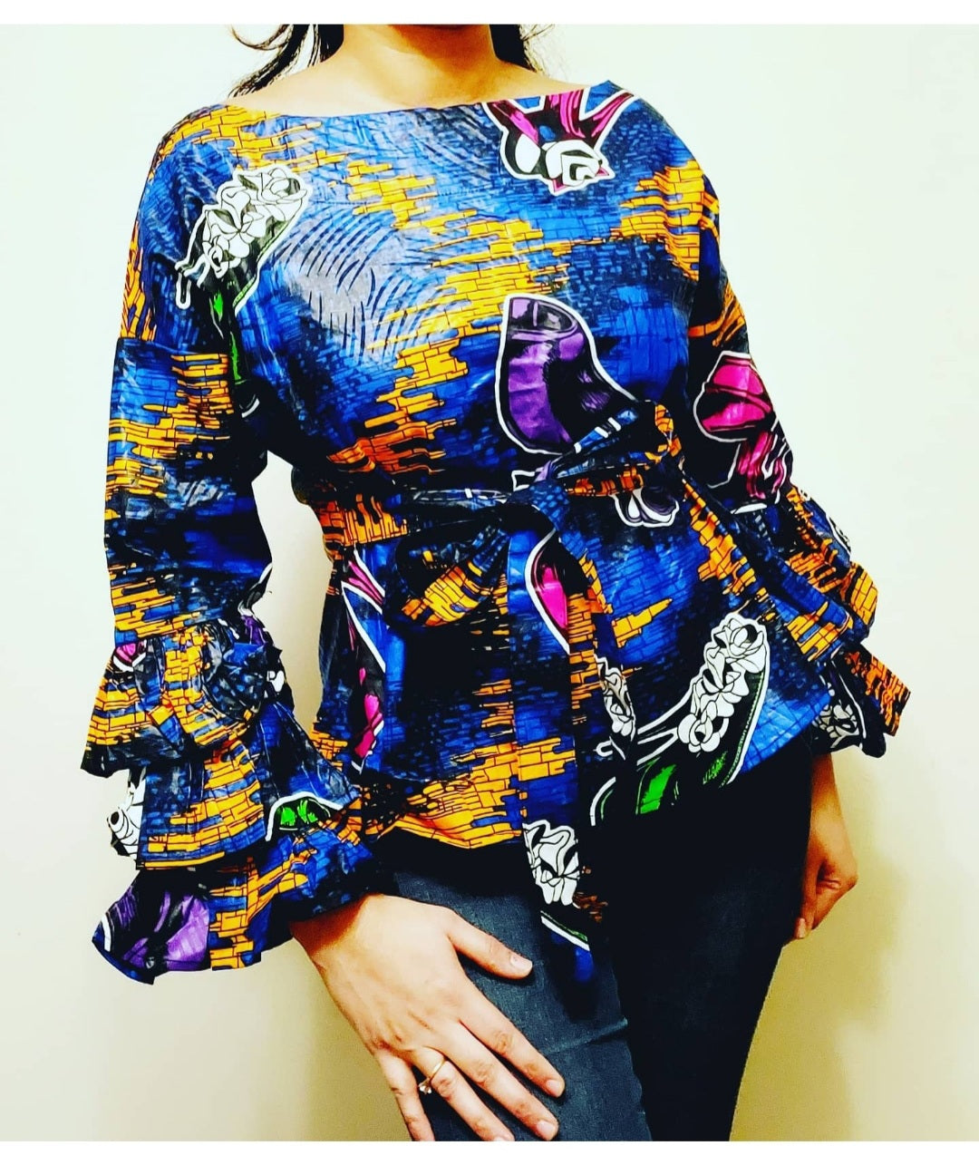 18842- African Print Long Ruffle/Sleeve Blouse- Royal Blue Mutli