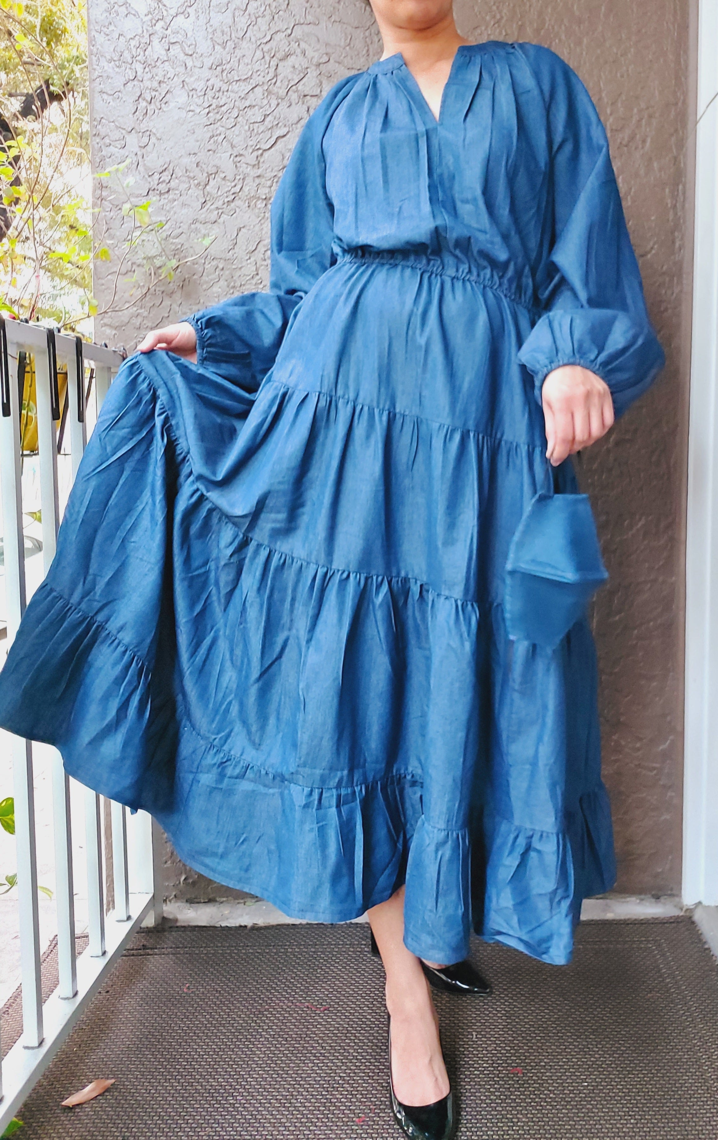 Women Denim Long Tiered Dress - Indigo Blue