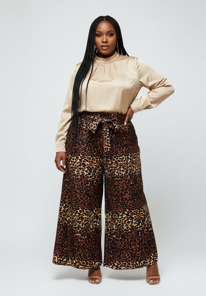 AA21-303 Women Animal Print Long Palazzo Pant- Brown