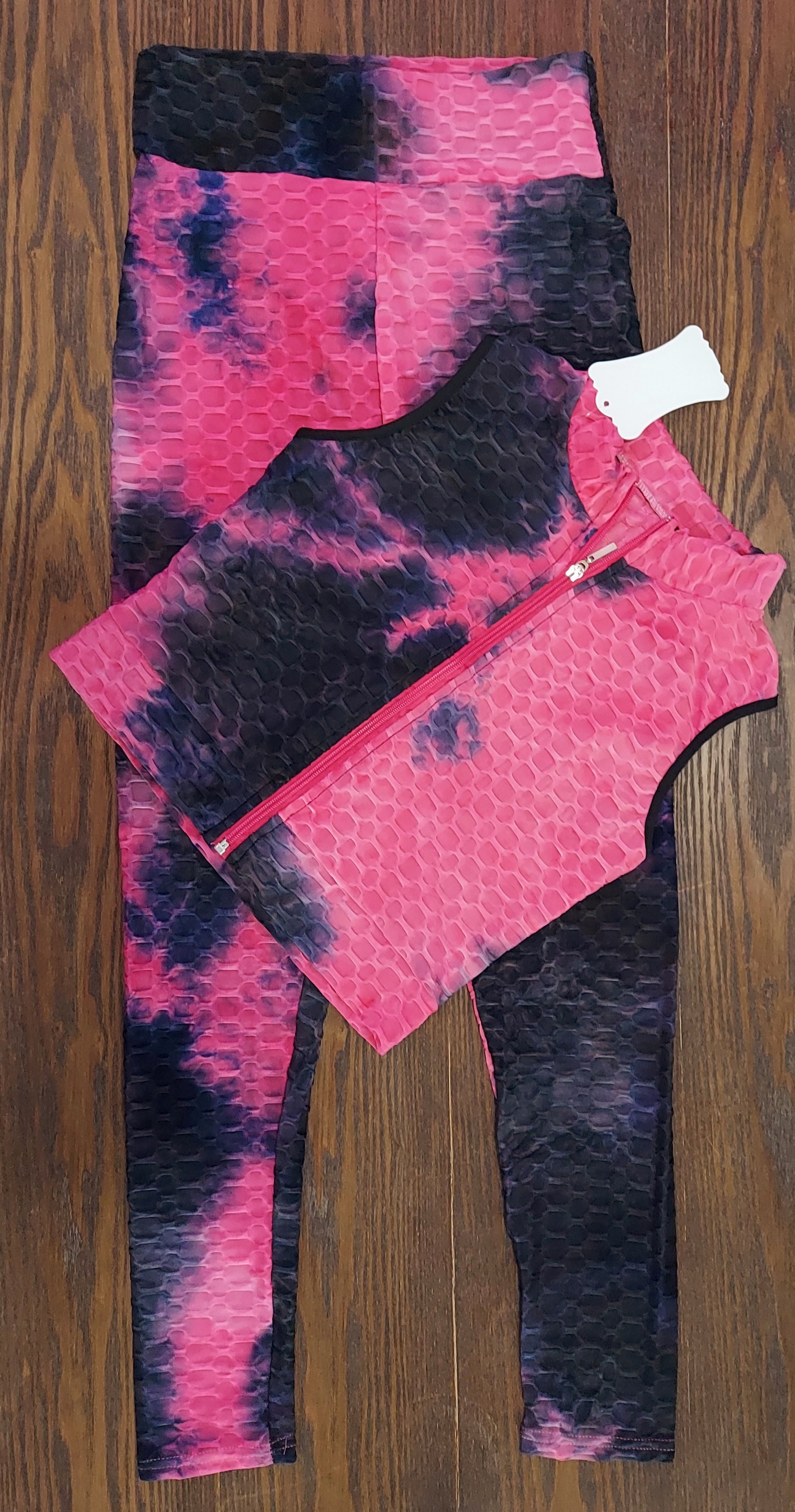 903-TikTok  BBL Long Legging & zipper Crop Top Set/ Honey Comb Tie-dye