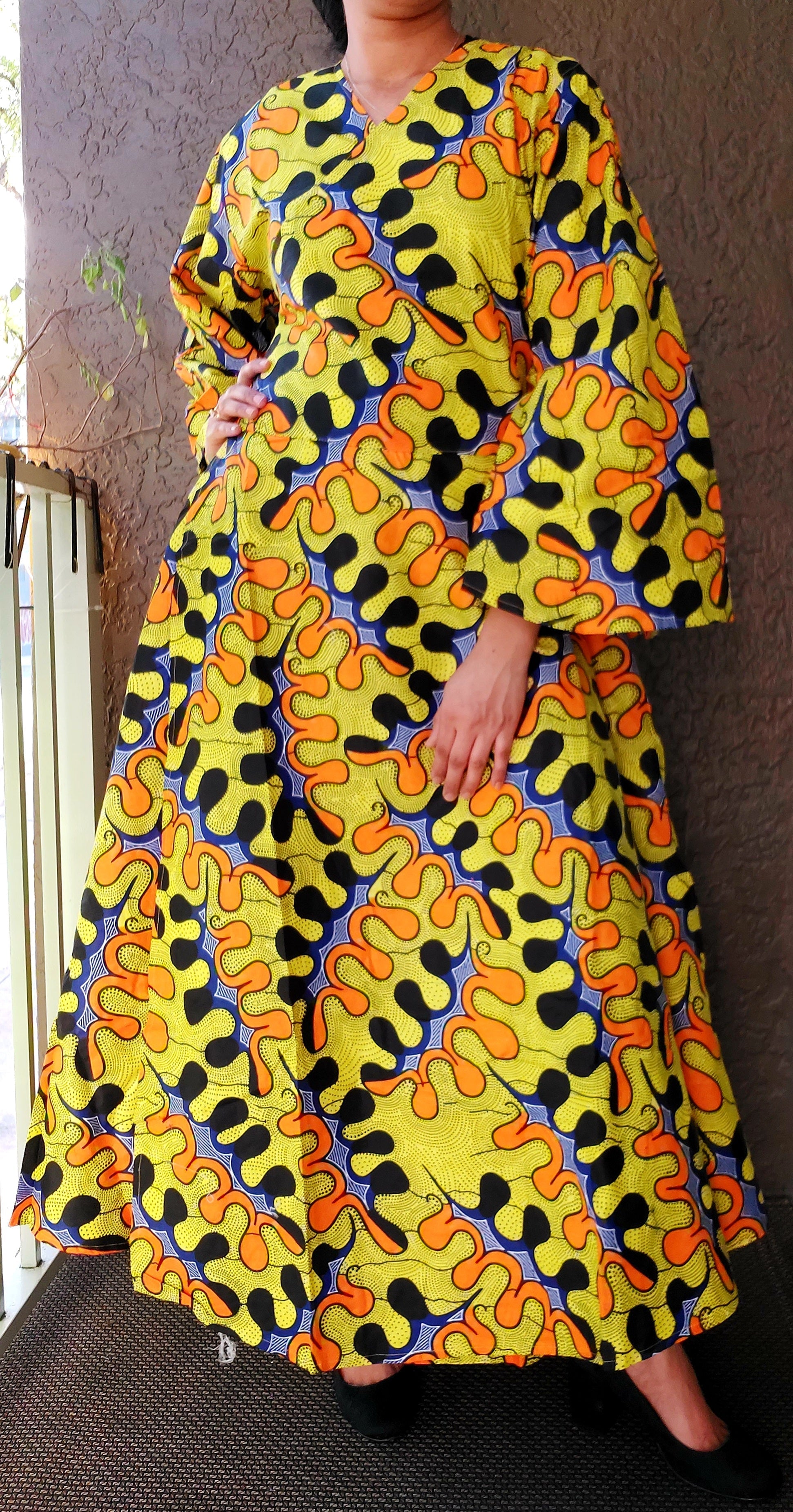 1014 - Long Wrap Dress / Long Bell Sleeves/ African Print