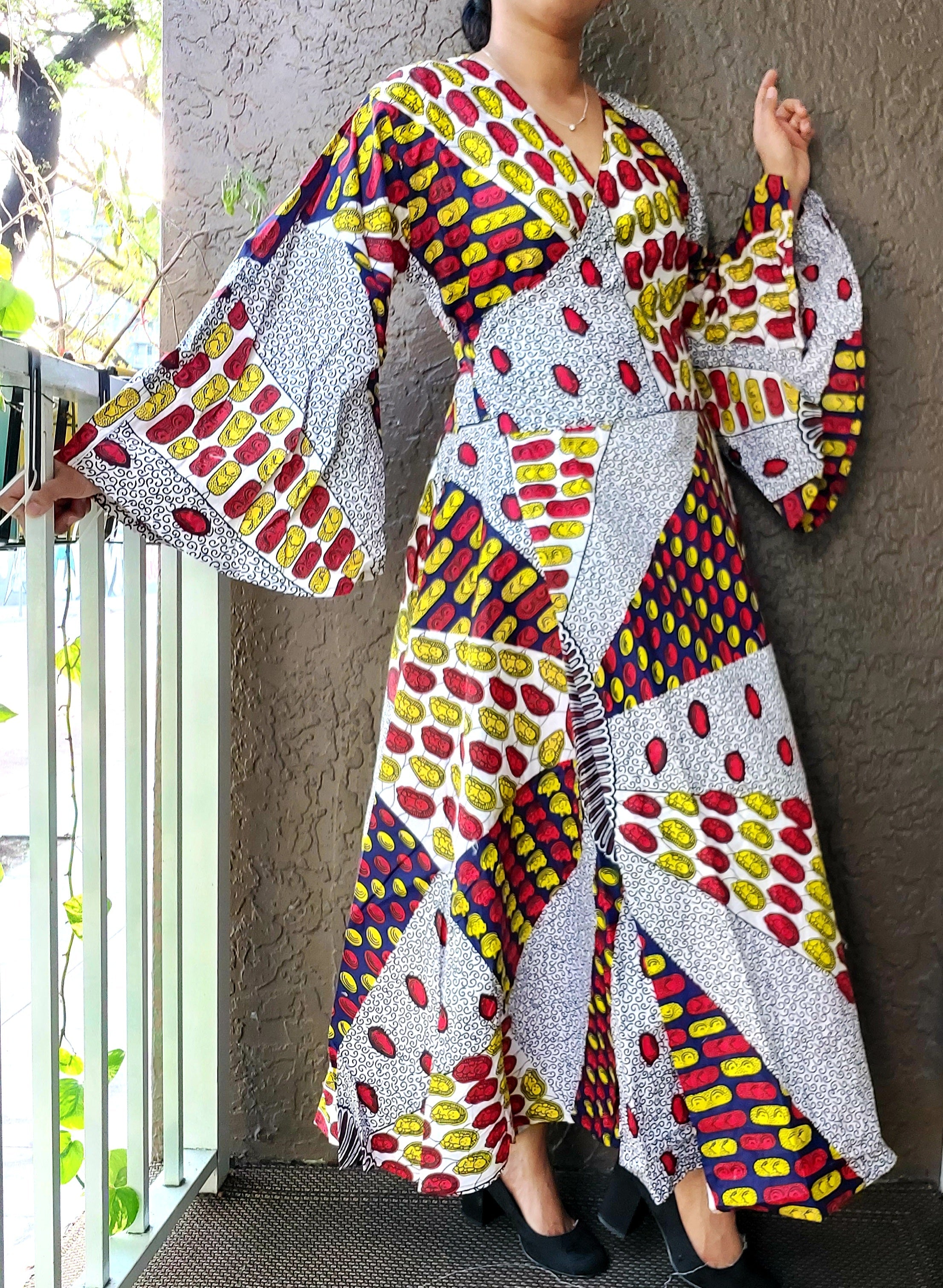 1014 - Long Wrap Dress / Long Bell Sleeves/ African Print