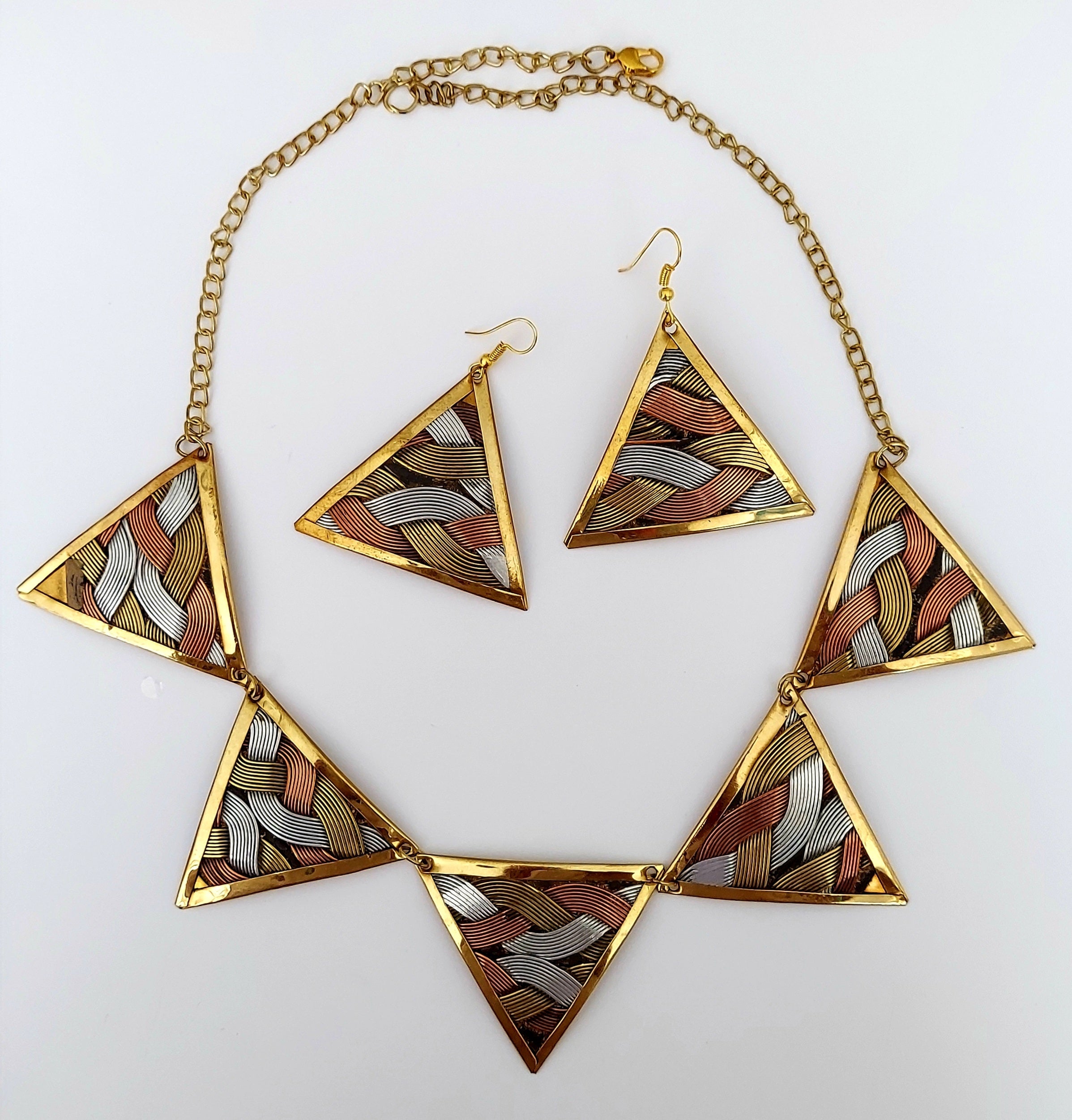 Wire  Necklace & Earring Set- Tri Tone Triangle