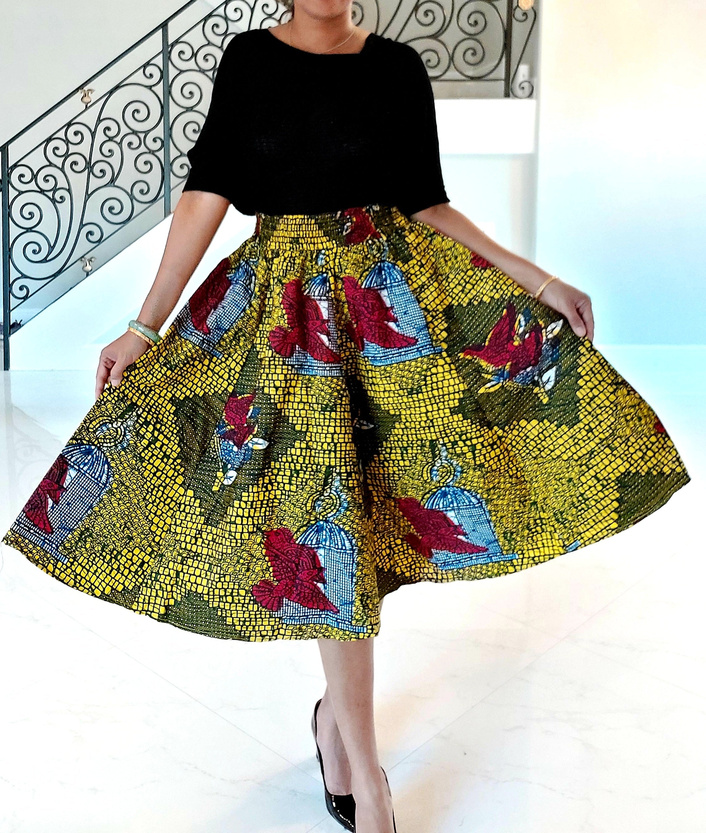 1006 Women Mid Length Printed Skirt- Yellow