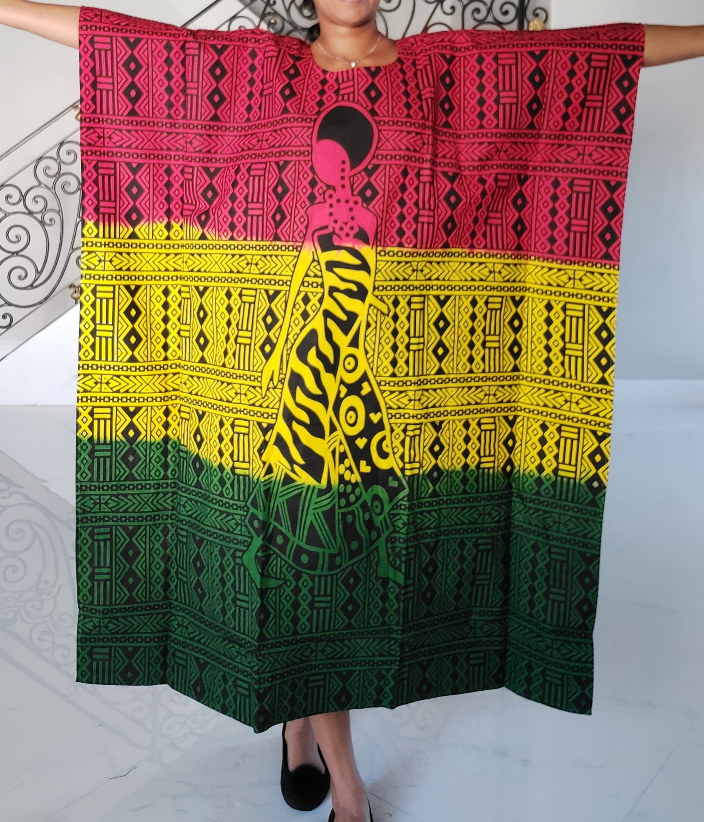 Women African Tribal Print Kaftan Dress - Rasta