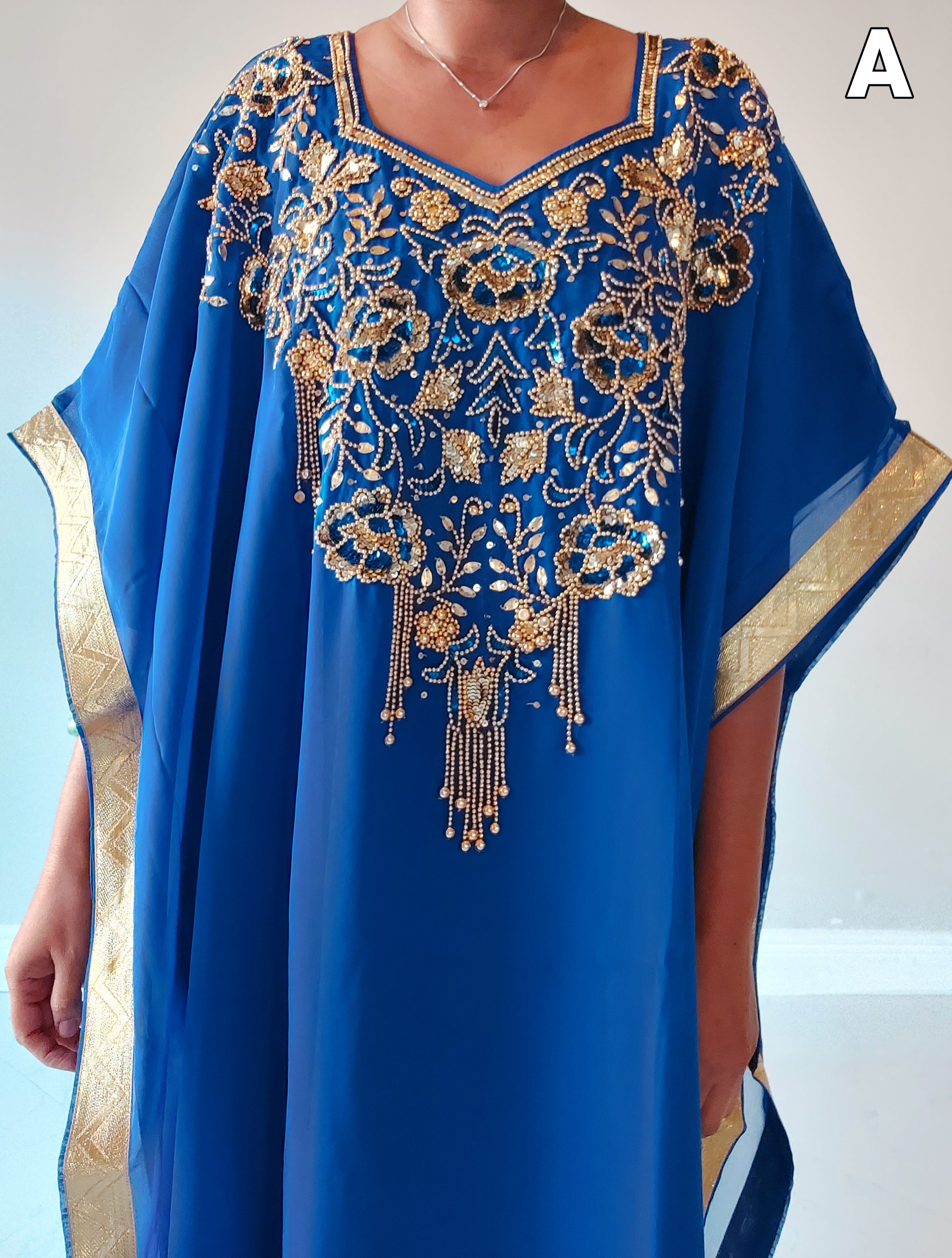 Beaded kaftan Dress With Gold Border - A