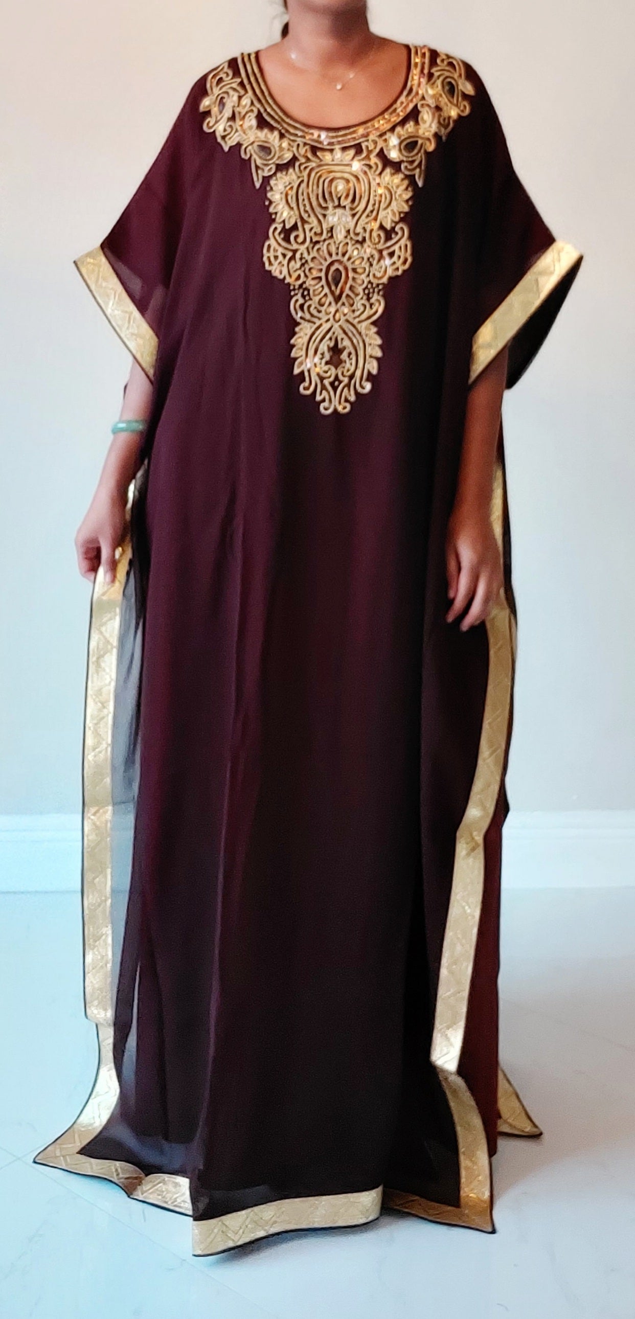 Beaded kaftan Dress With Gold Border - D