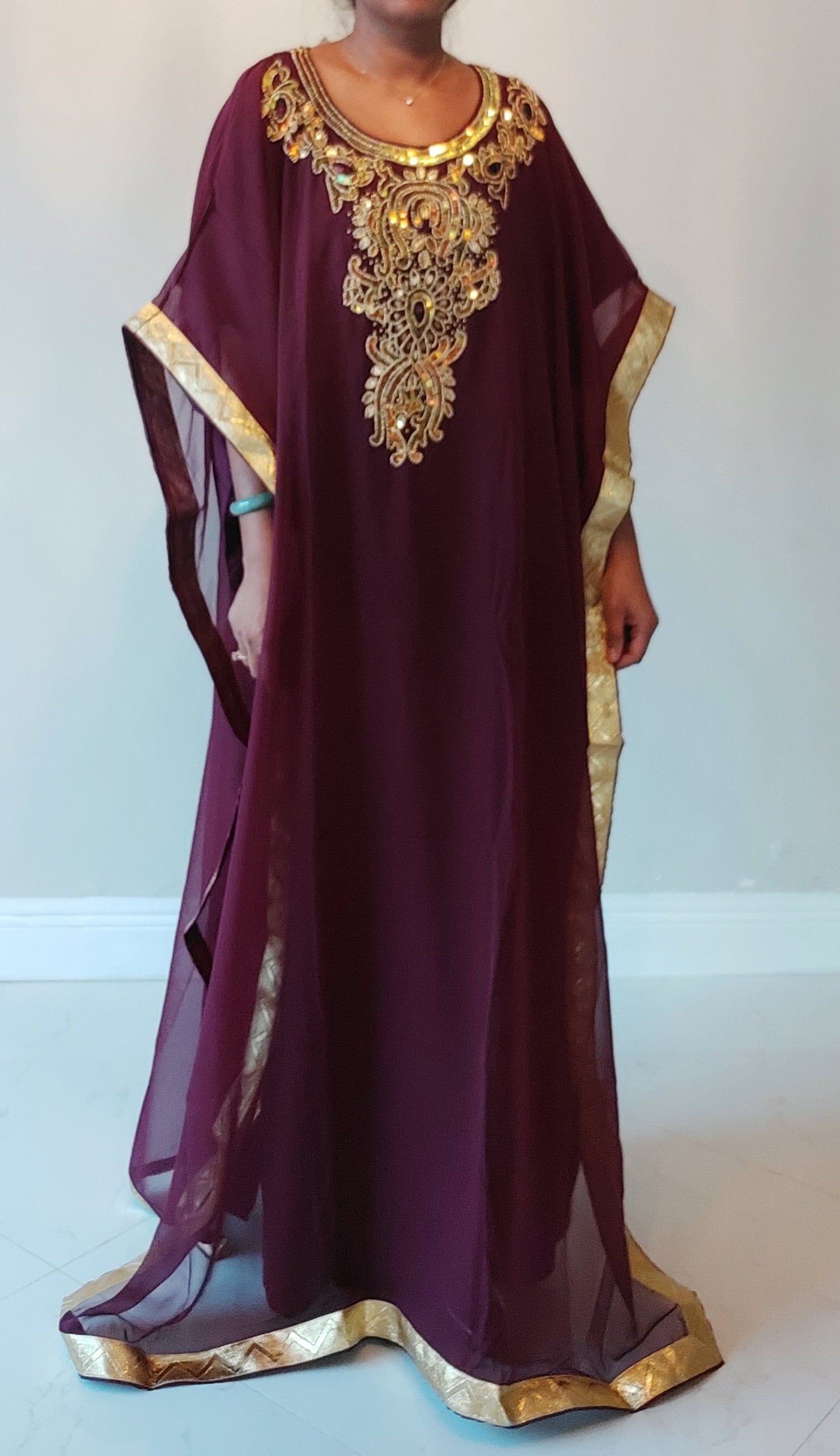 Beaded kaftan Dress With Gold Border - D