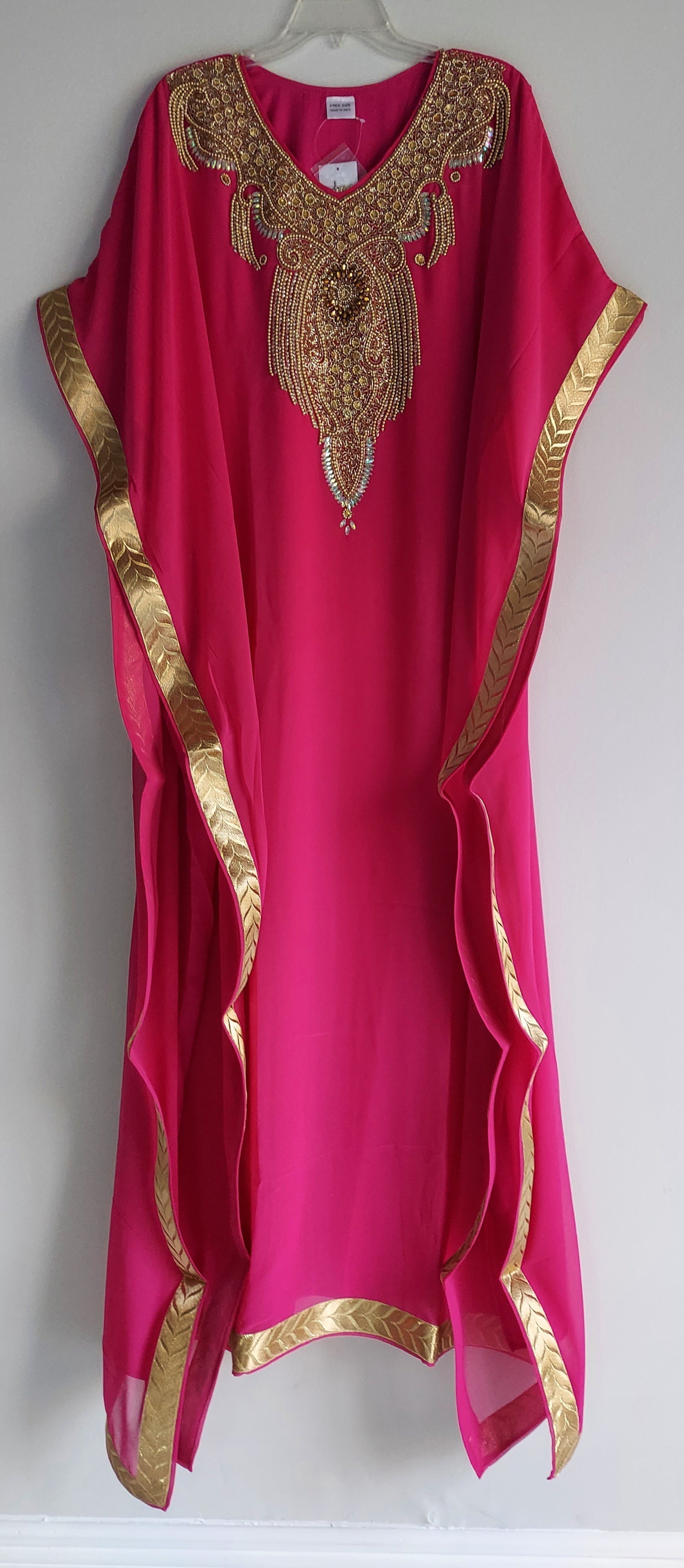 Beaded kaftan Dress With Gold Border - Fuchsia