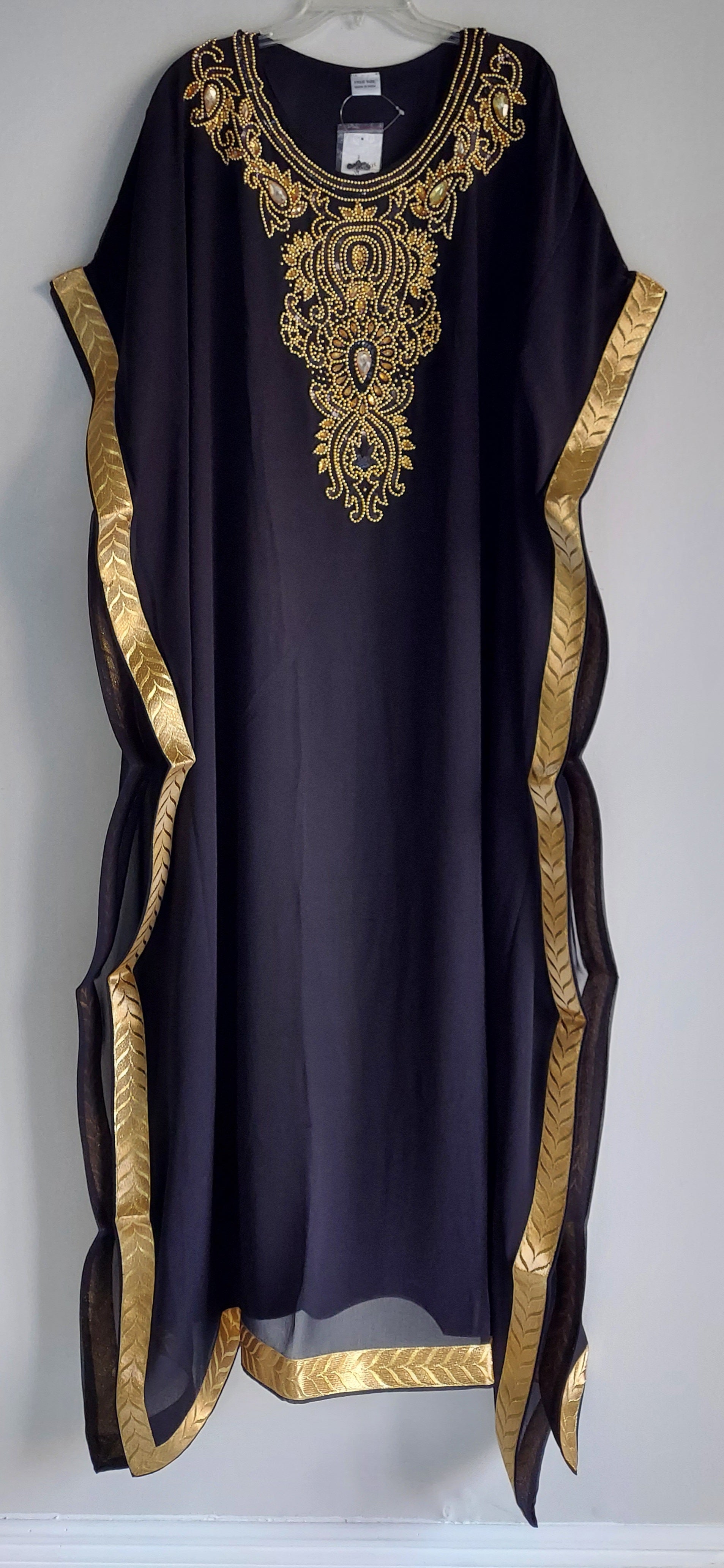 Beaded kaftan Dress With Gold Border - D