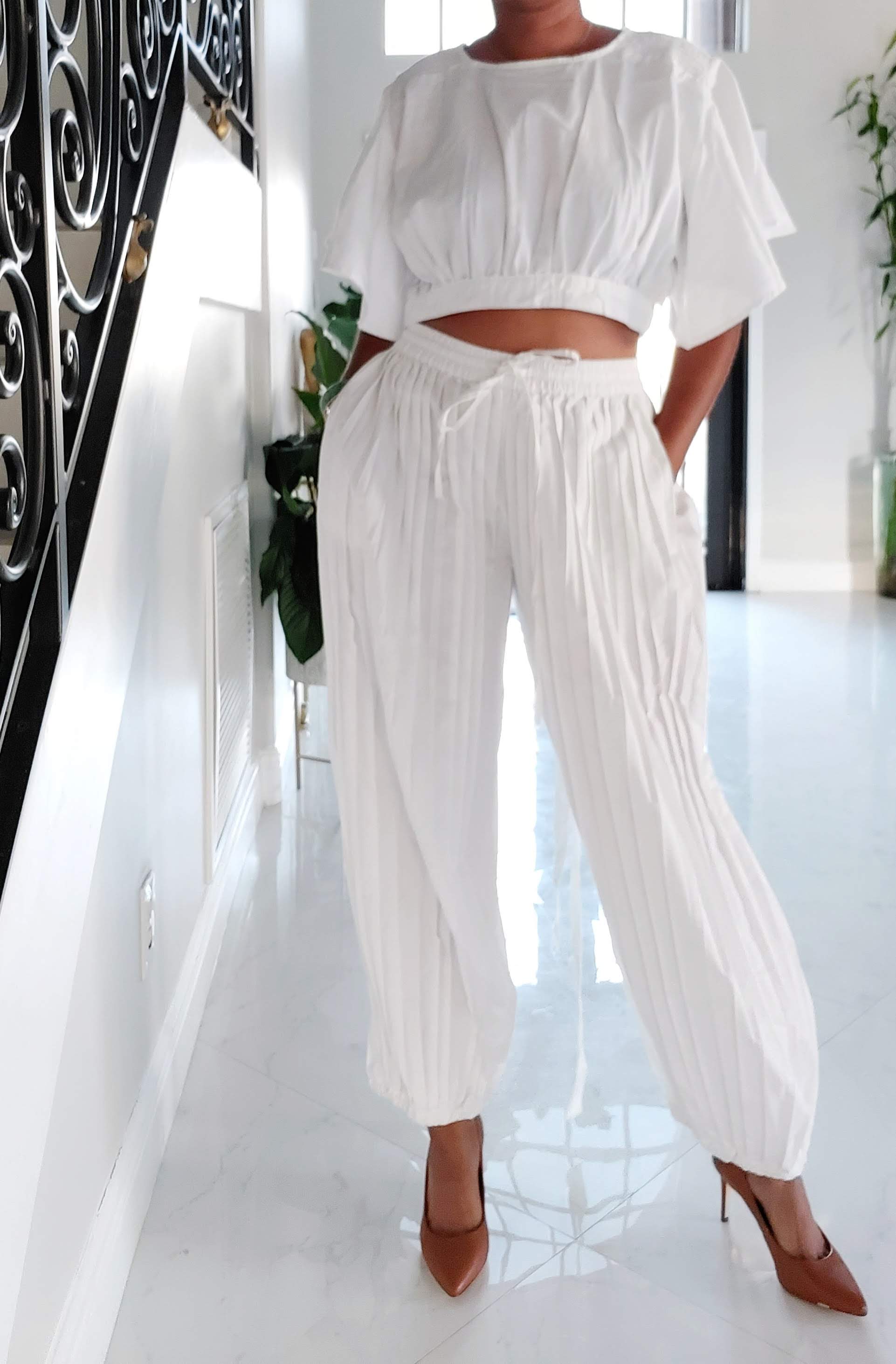 2037 Crop Top & Pleated Harem Pant Set - White