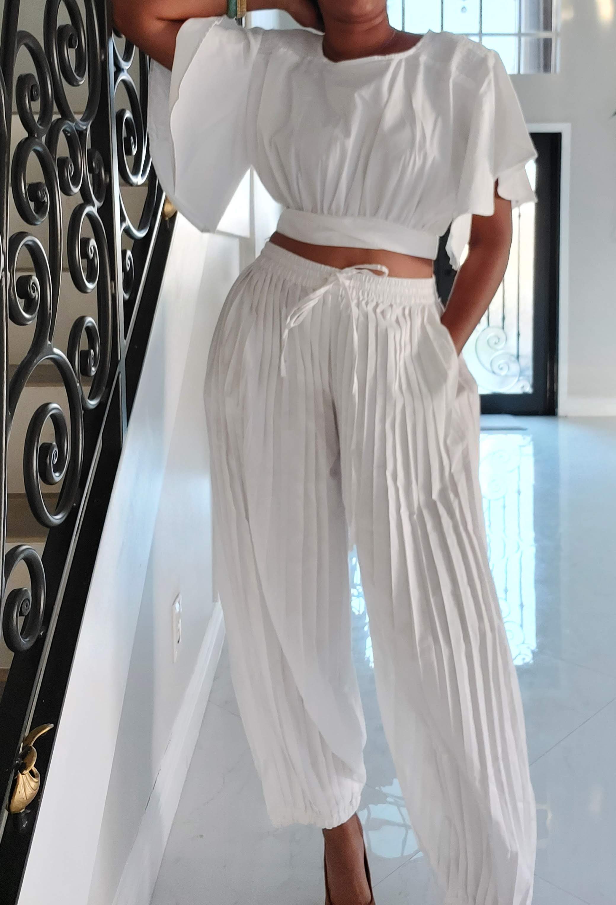 2037 Crop Top & Pleated Harem Pant Set - White