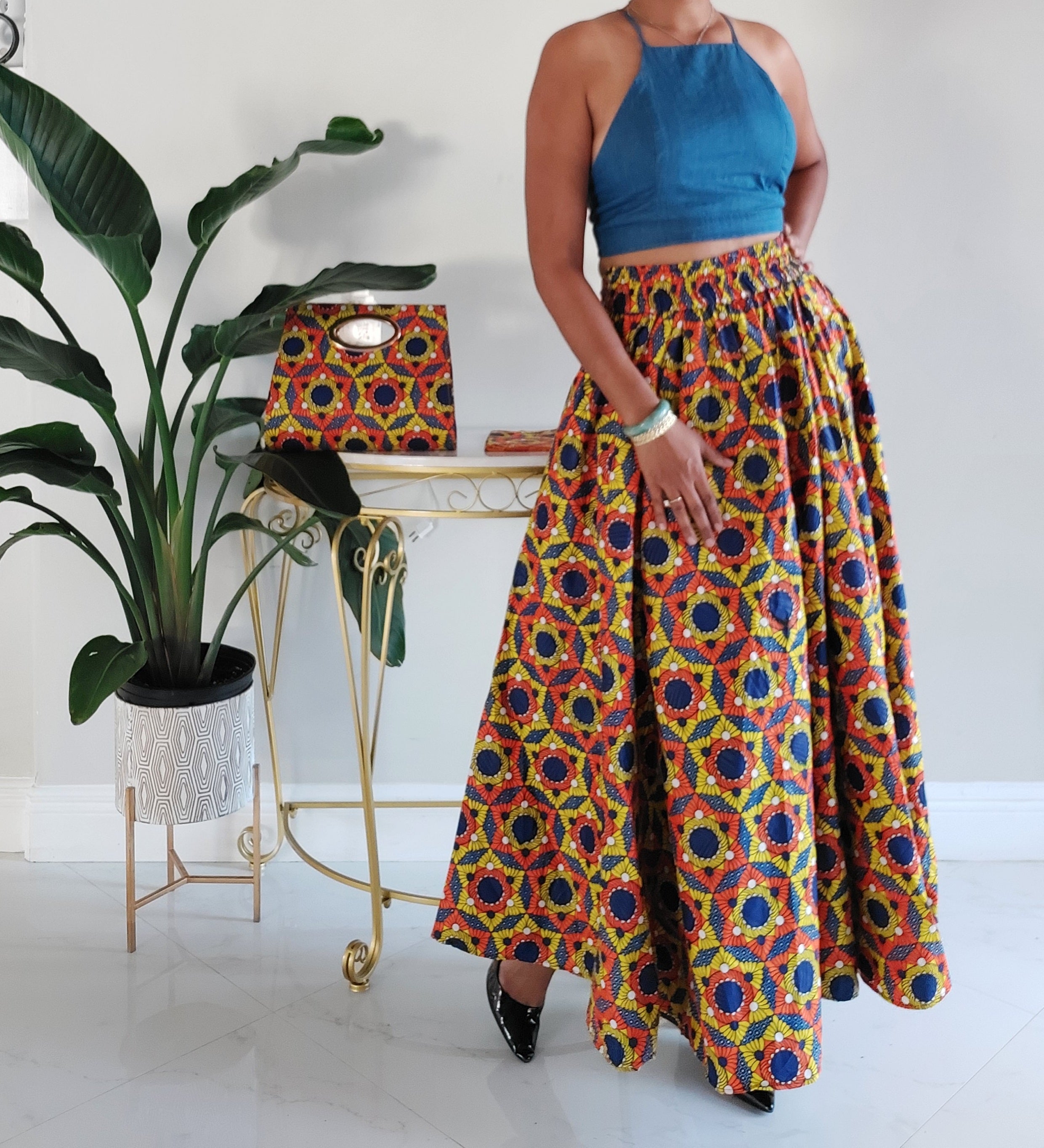 1003 Combo Long Skirt & Pocketbook Set- Blue/Yellow