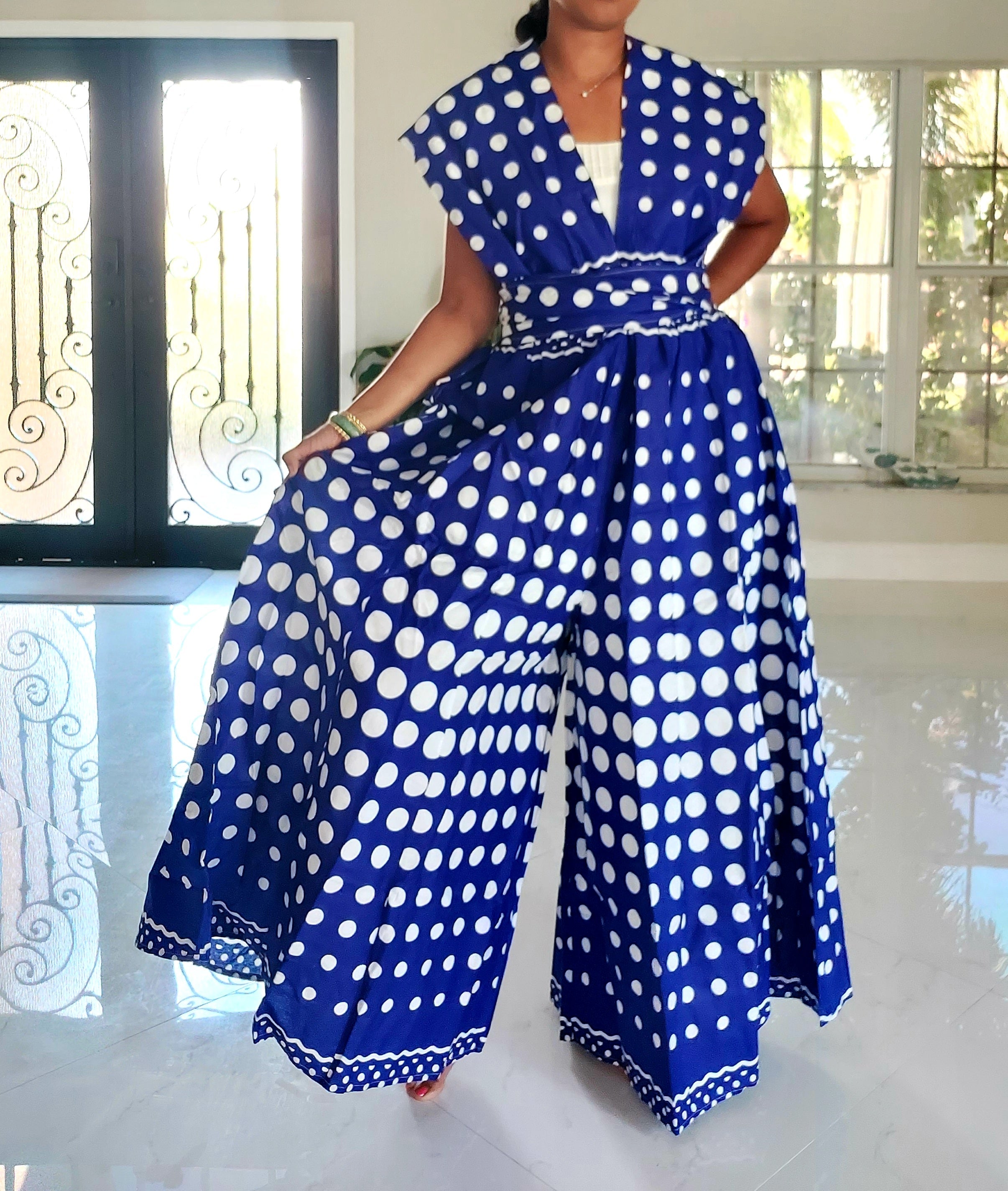 901 - Infinity Palazzo / Romper / Jumpsuit Royal Blue/ White Polkadot