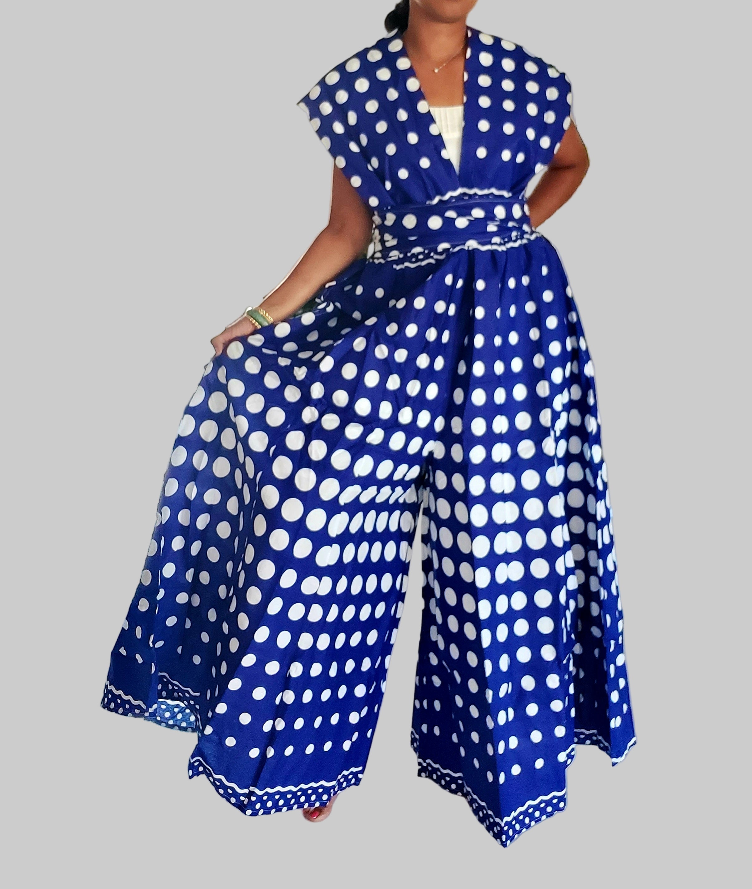 901 - Infinity Palazzo / Romper / Jumpsuit Royal Blue/ White Polkadot