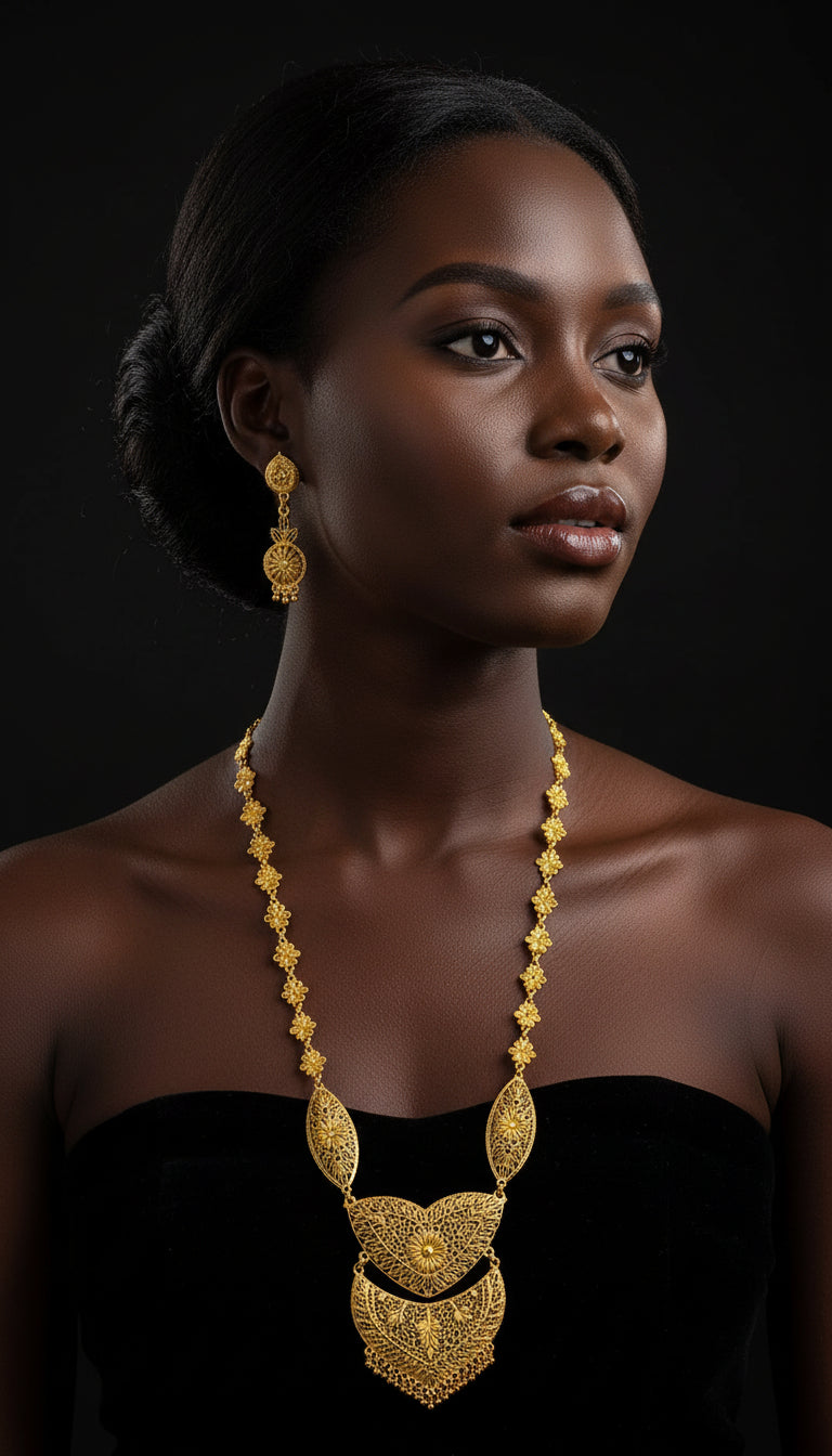 Gold Long Necklace & Earrings Set/ Gold Plated -1050