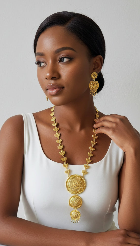 Gold Long Necklace & Earrings Set/ Gold Plated -1002
