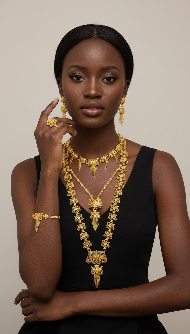 5 Pcs Gold Necklace /Choker/ Bracelet/ Earring/ Ring Set/ Gold Plated -12A