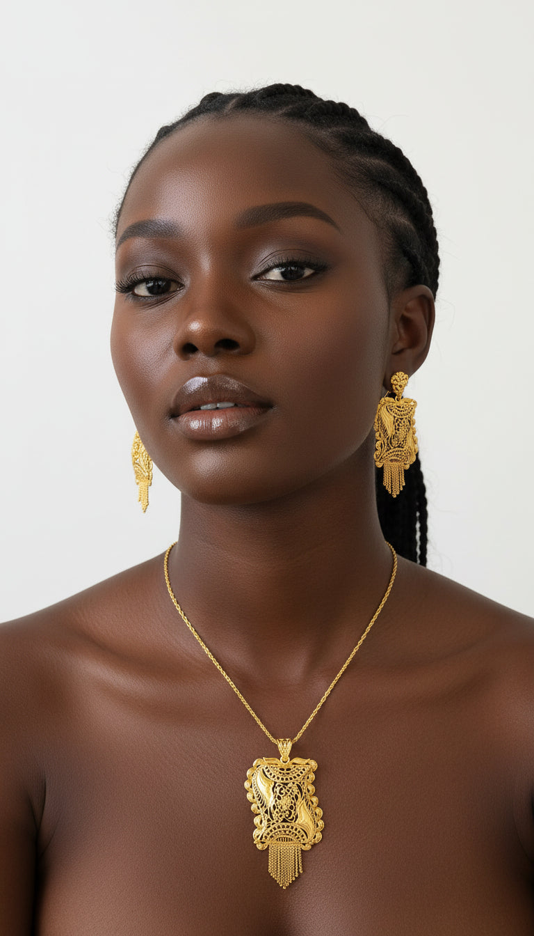 Gold Chain Pendant Necklace & Earrings Set/ Gold Plated -10