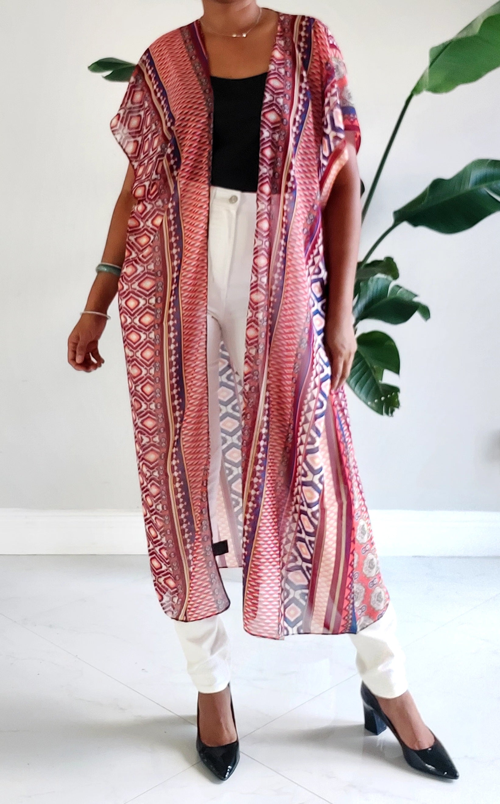 Long Printed Sheer Kimono