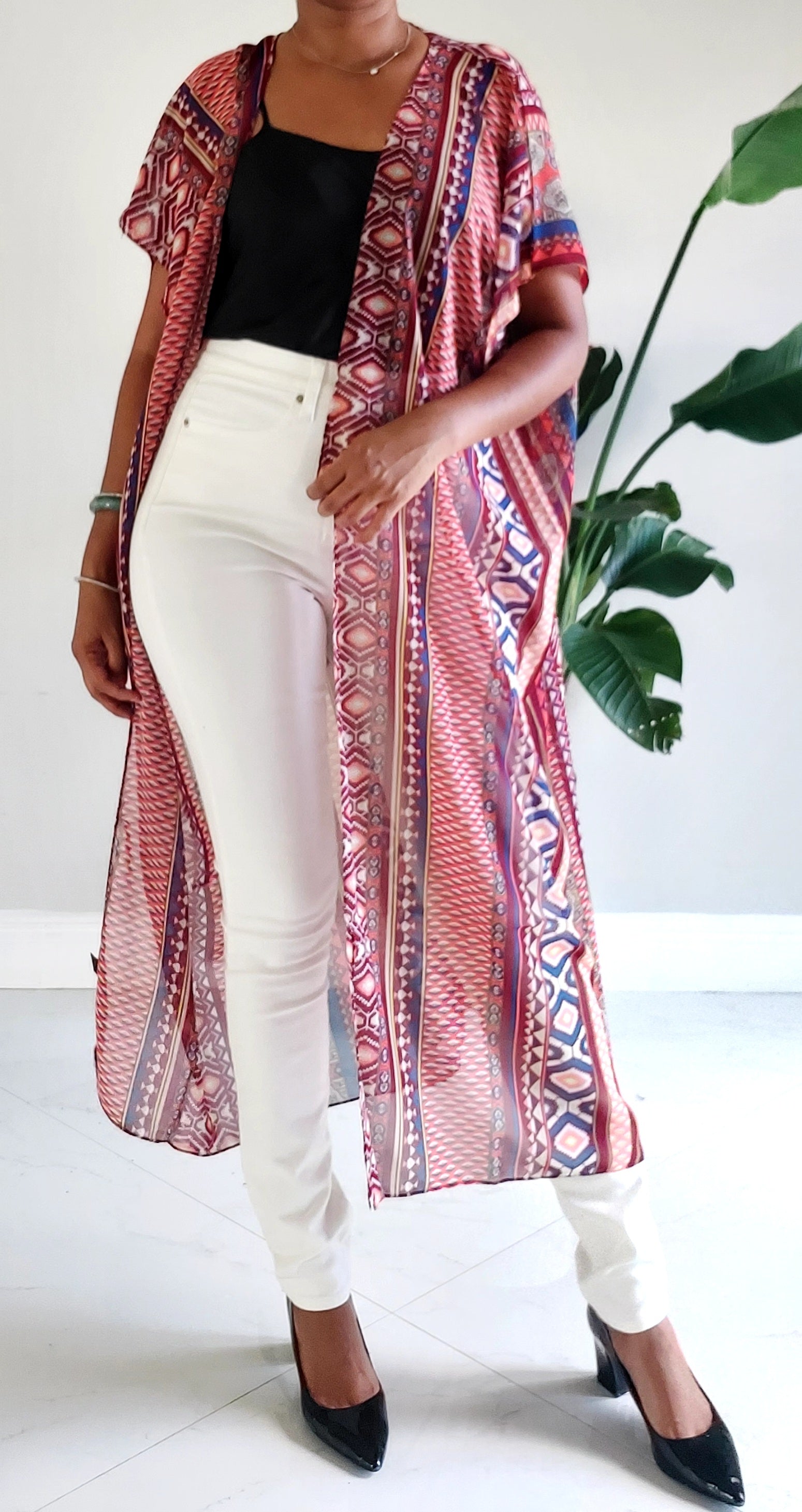 Long Printed Sheer Kimono