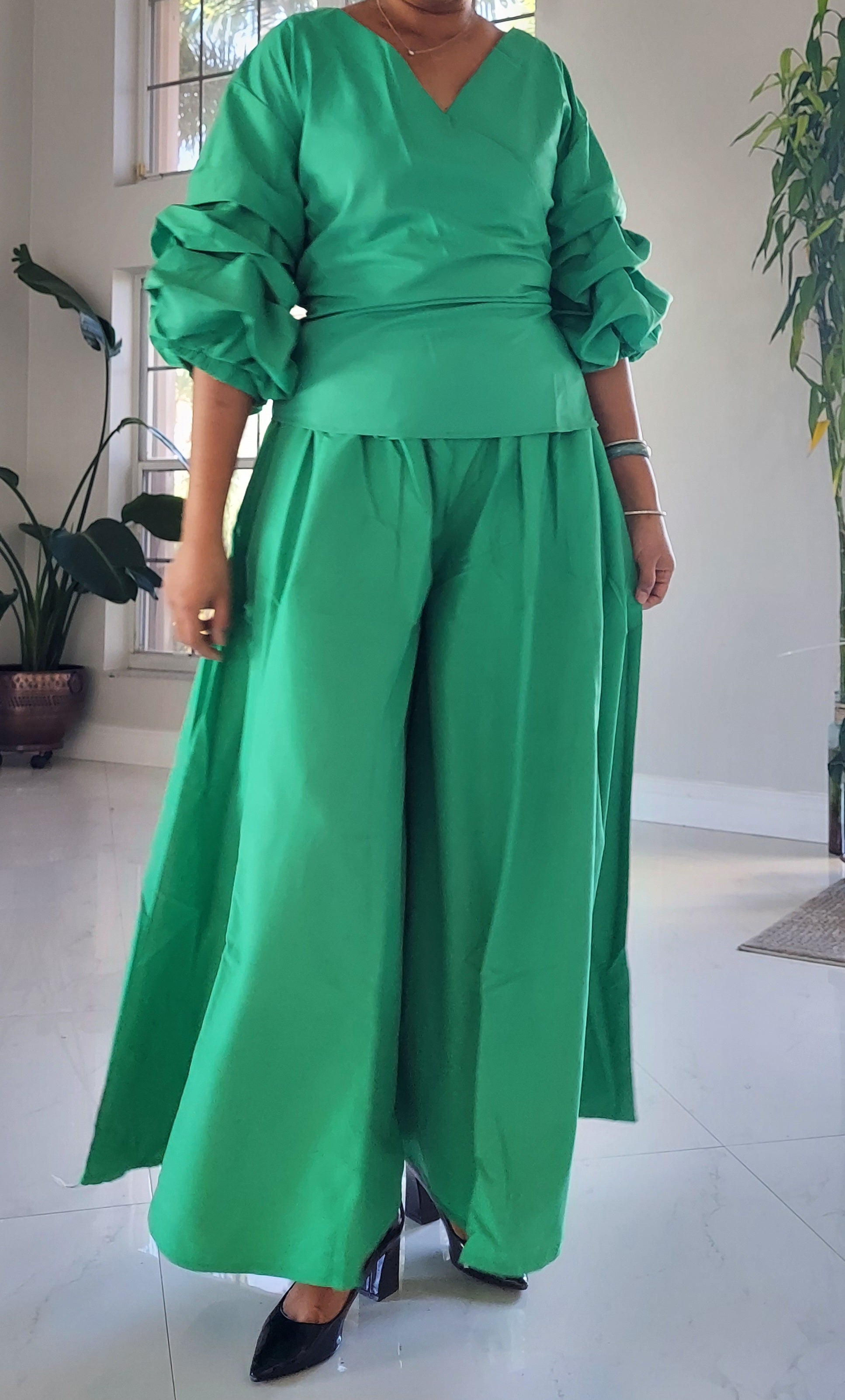 Palazzo & Wrap Blouse Set - Green