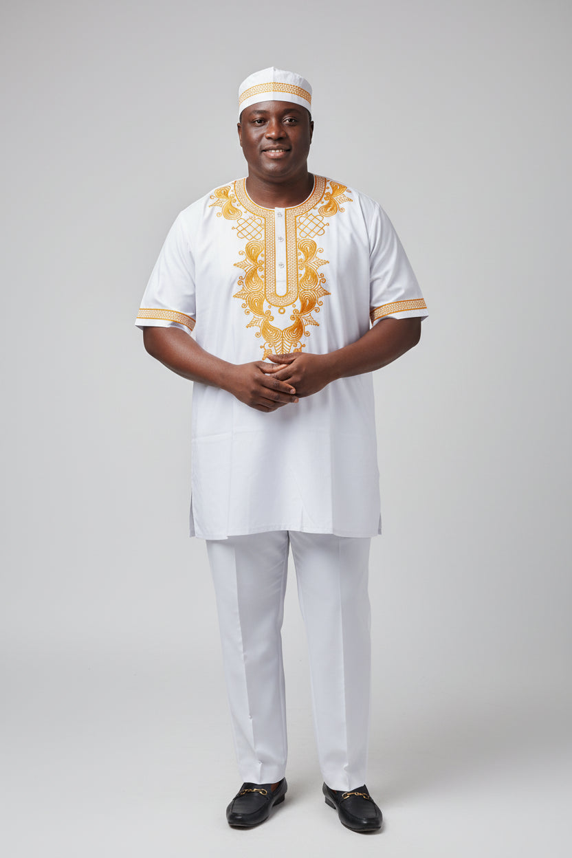 Men's 3Pcs  Embroidery Set- white