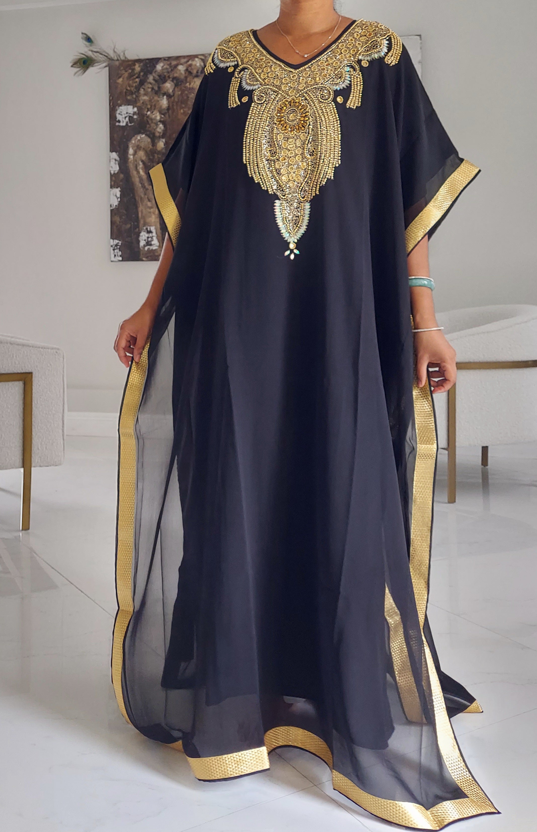 Beaded kaftan Dress With Gold Border - Black