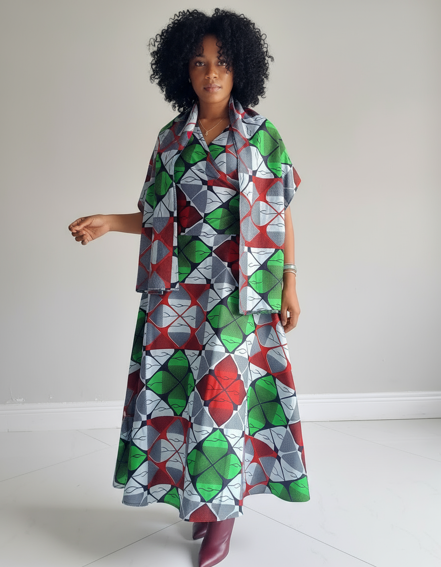 1045- Women Long Printed  Sleeveless Wrap Dress