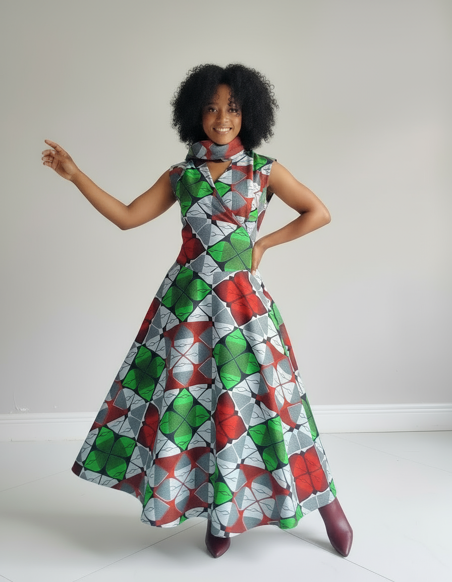 1045- Women Long Printed  Sleeveless Wrap Dress