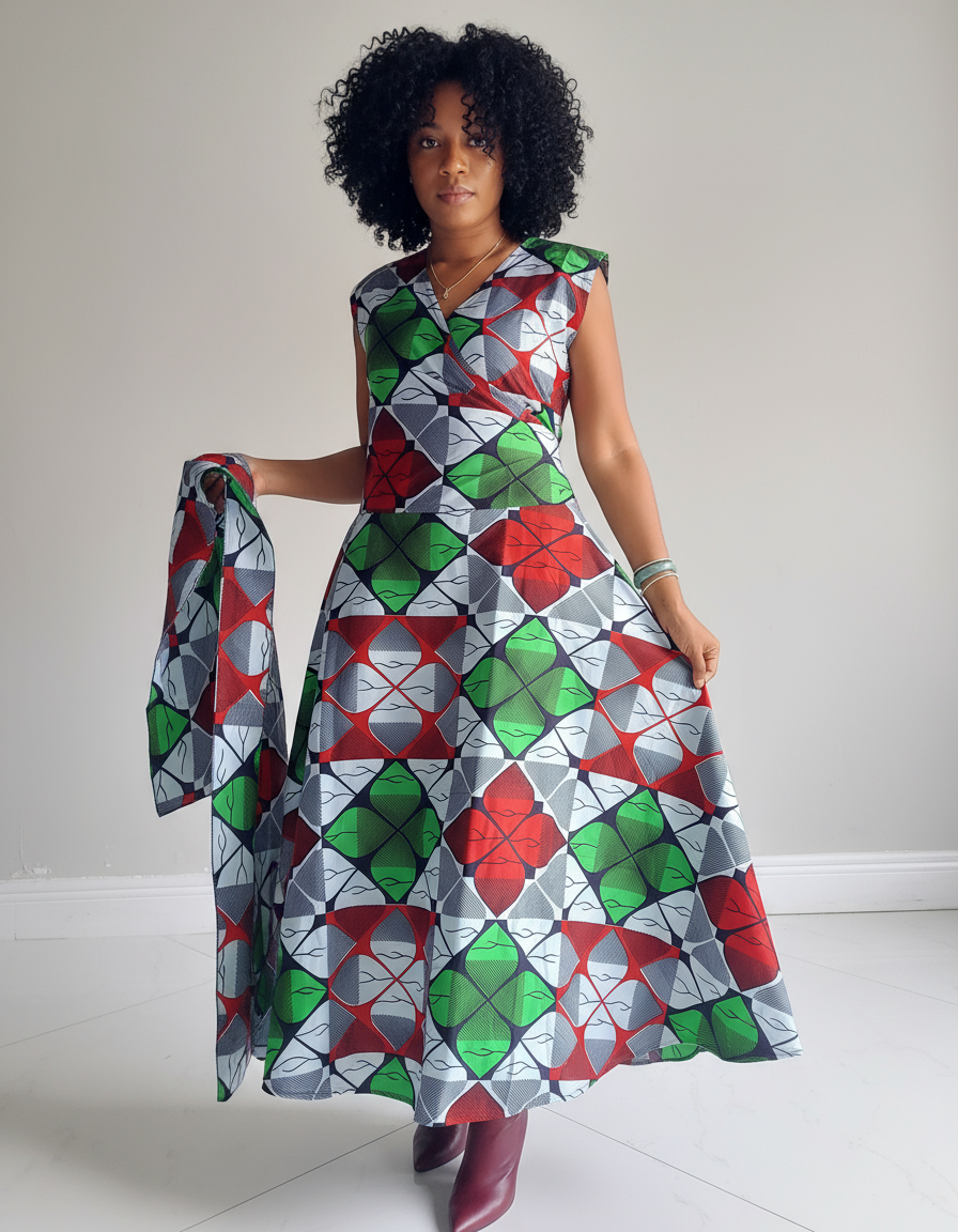 1045- Women Long Printed  Sleeveless Wrap Dress