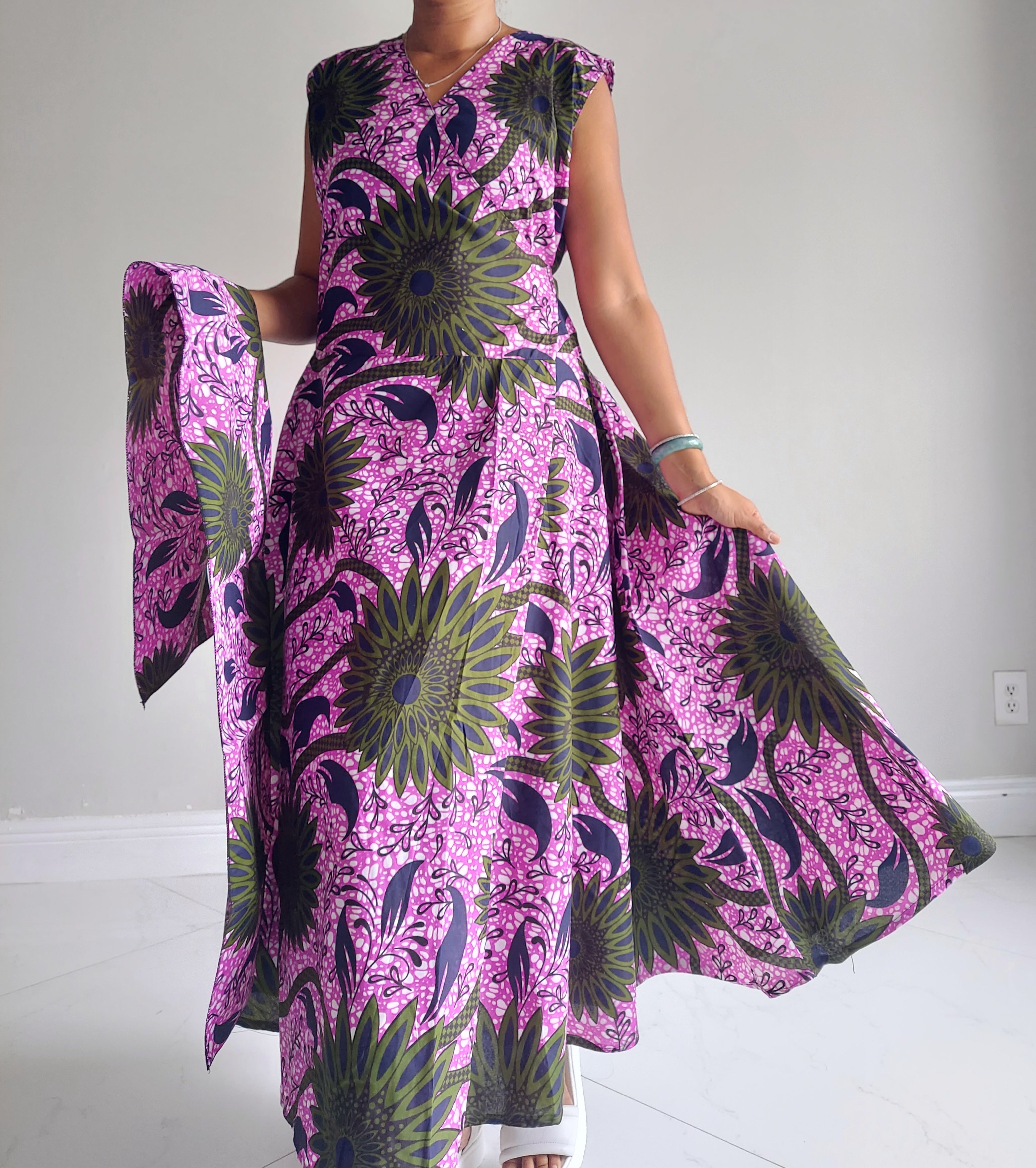 1045- Women Long Printed  Sleeveless Wrap Dress