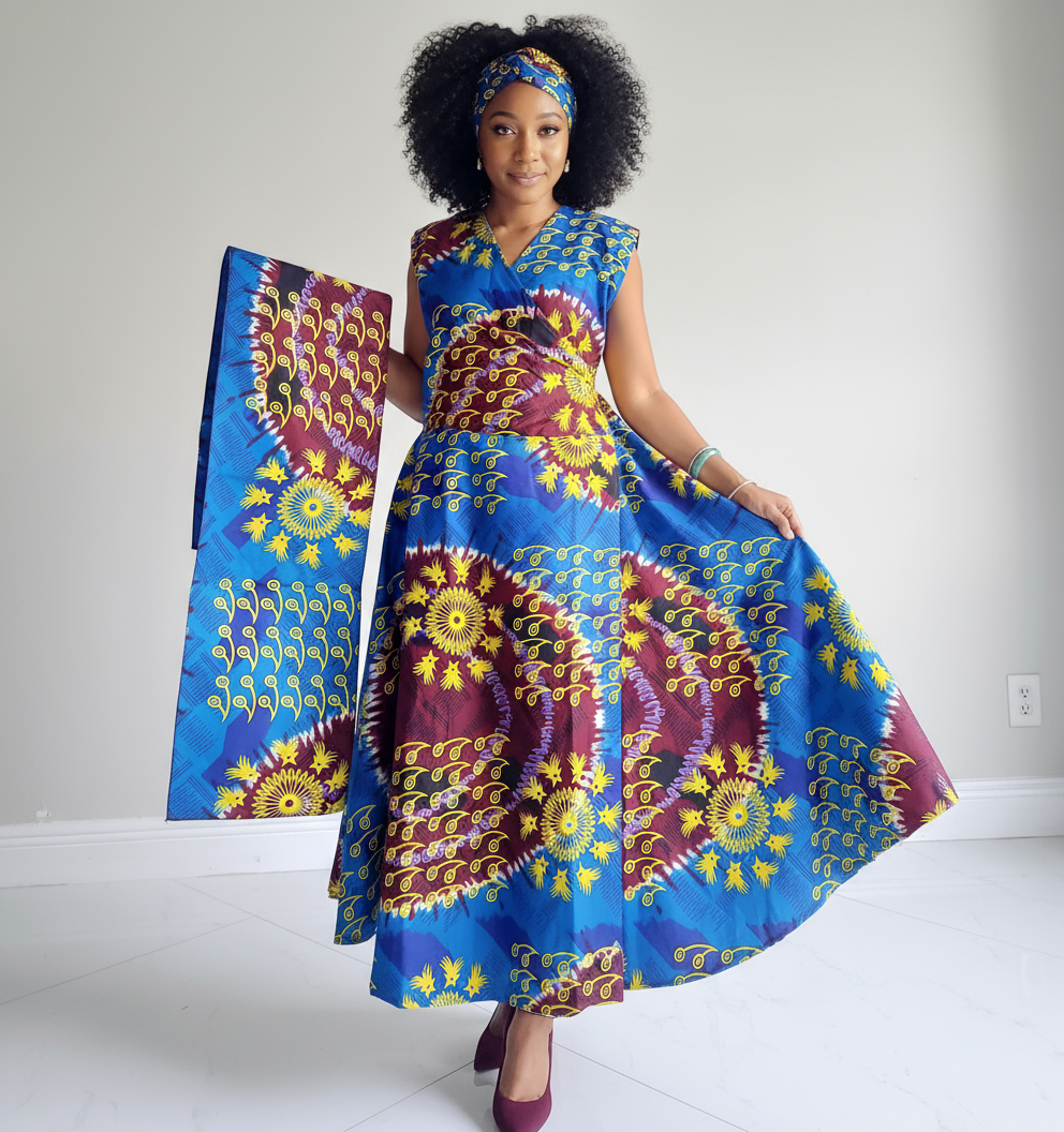 1045- Women Long Printed  Sleeveless Wrap Dress