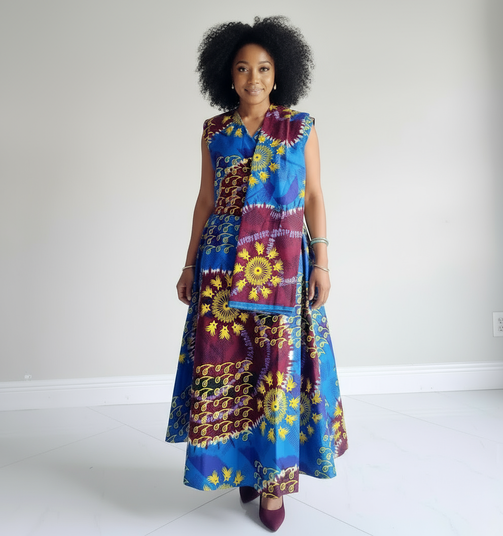 1045- Women Long Printed  Sleeveless Wrap Dress