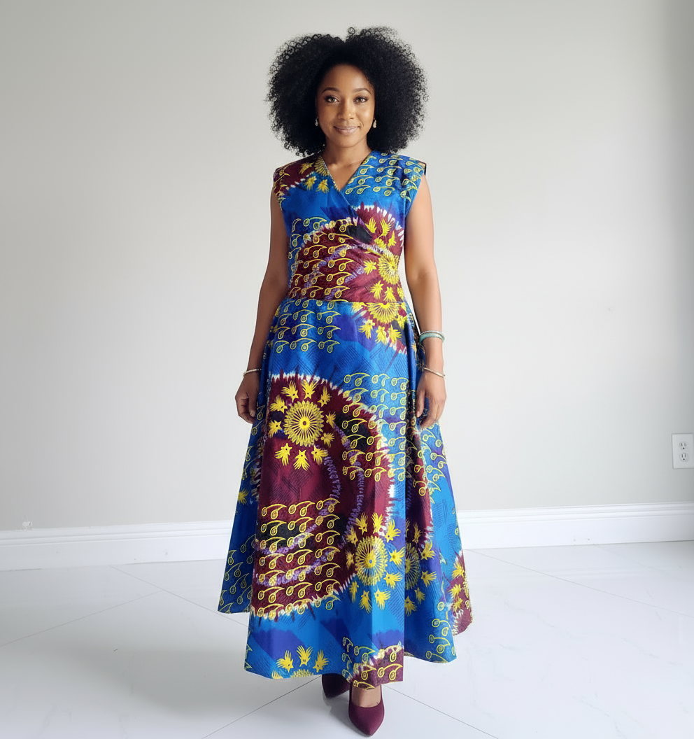 1045- Women Long Printed  Sleeveless Wrap Dress