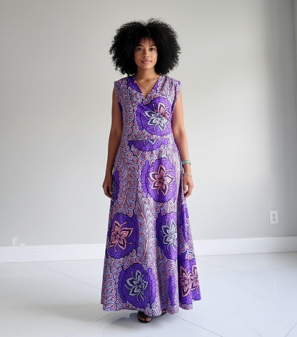 1045- Women Long Printed  Sleeveless Wrap Dress