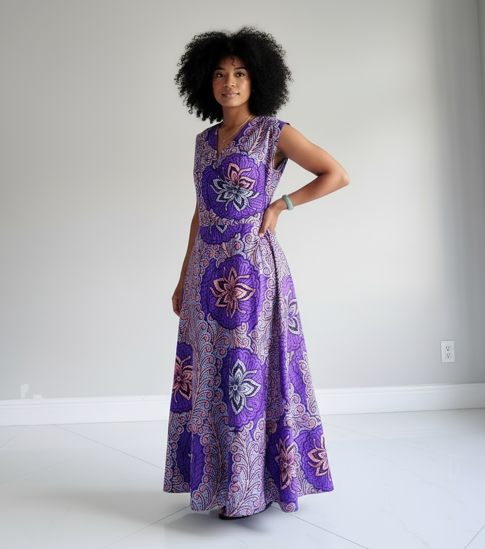 1045- Women Long Printed  Sleeveless Wrap Dress